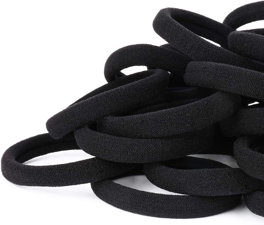 DELFINO 100PCS Hair Ties Black Large Stretch Hair Ties Hair Band Ponytail Holders Headband Elastic No Damage Ponytail Cotton Seamless Hair Bands Elastic for Women Thick Heavy Curly Hair