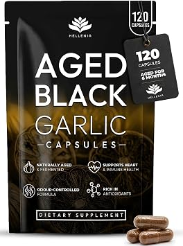 Aged Black Garlic 12,000mg - 120 Capsules | Black Garlic Bulb Extract 1001 | Aged for Over 6 Months | Antioxidant and Cholesterol Support | Gluten Free - Made in the UK by Hellenia
