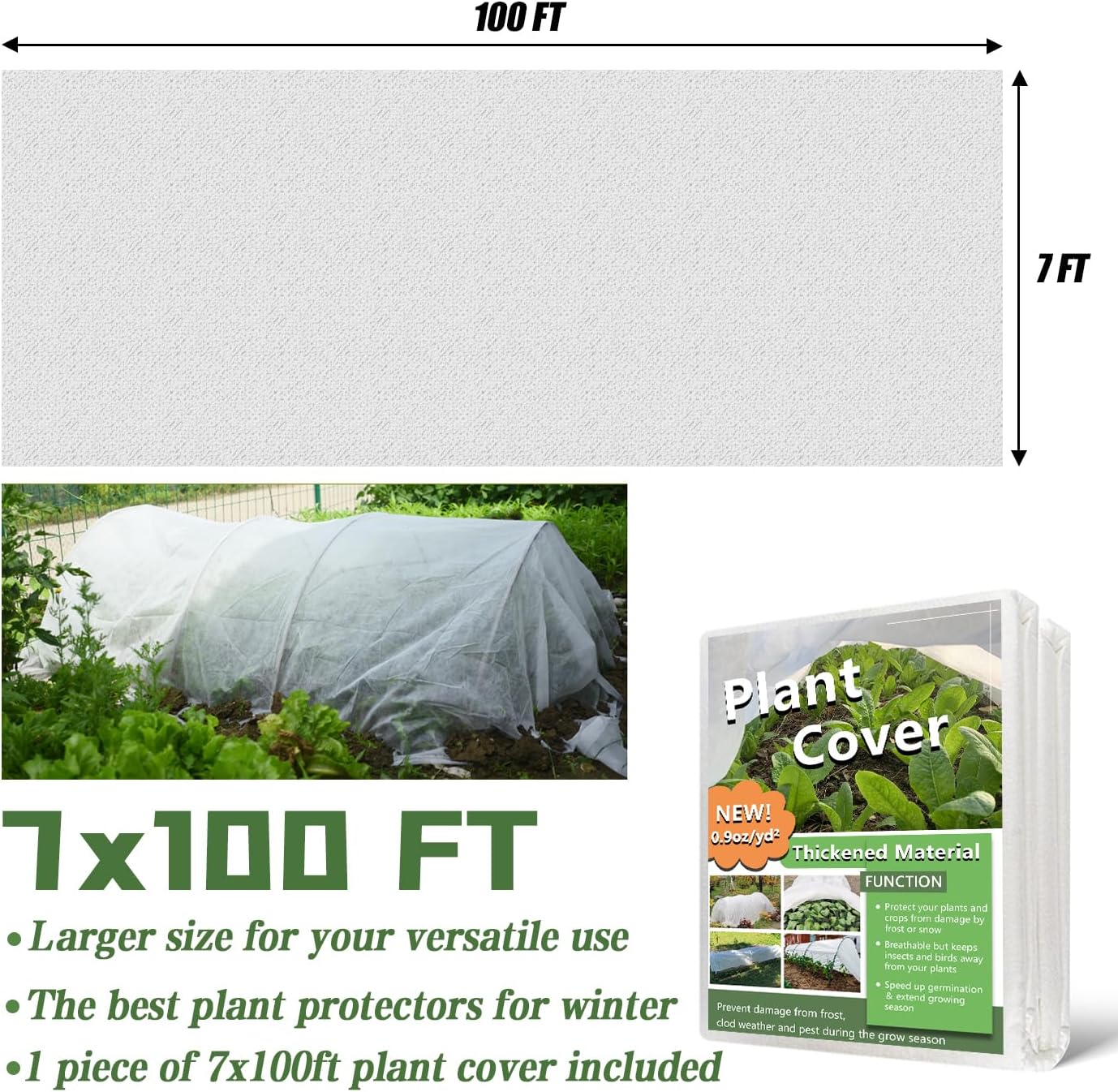 Plant Covers Freeze Protection 7 x 100 Ft, Thick Frost Cloth for Outdoor Plants, Winter Plant Blankets and Frost Covers for Garden Frost Protection, Floating Row Cover