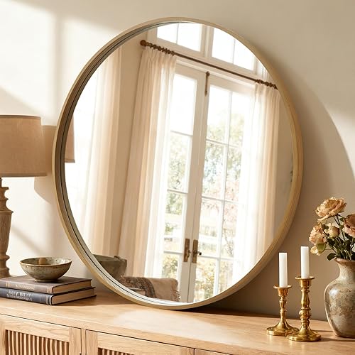 Miniatura 27 de HOMECOOKIN Espejo de pared redondo de 32 pulgadas, espejo circular dorado para baño con marco de metal, espejo dorado redondo para decoración