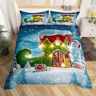 Erosebridal Merry Christmas Bedding Set King Size Red Green House Duvet Cover,Santa Claus Snowflake Comforter Cover Glitter Xmas Lights Quilt Cover for Child Kids New Year Christmas Themed Room Decor
