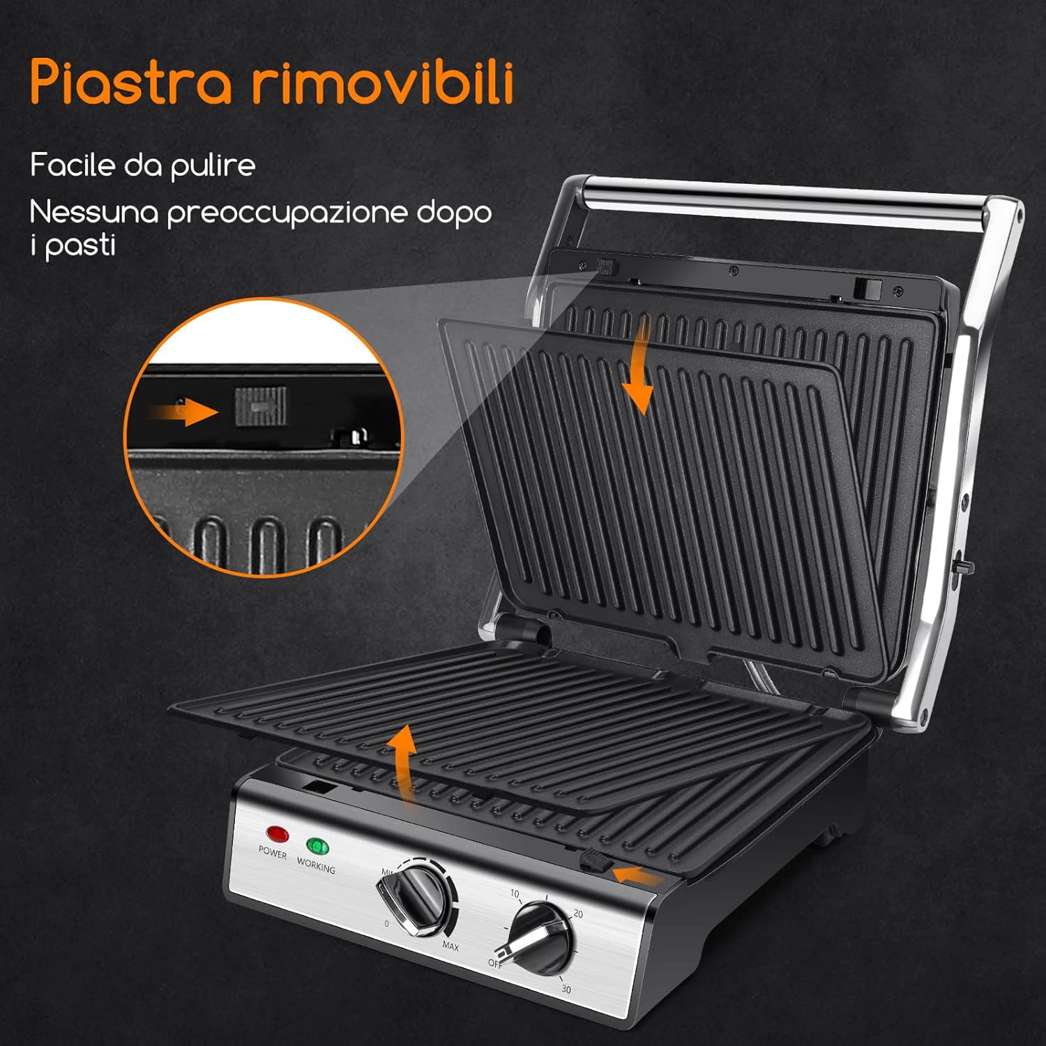 Aigostar Max - Bistecchiera Elettrica con Piastre Rimovibili, 2000 W, Temperatura e Timer Regolabili, Vassoio Raccogli Grassi, Apertura a 180º, Grill, Barbecue e Tostiera, Piastra Grandi, Grigio Aigostar Max - Bistecchiera Elettrica con Piastre Rimovibili, 2000 W, Temperatura e Timer Regolabili, Vassoio Raccogli Grassi, Apertura a 180º, Grill, Barbecue e Tostiera, Piastra Grandi, Grigio