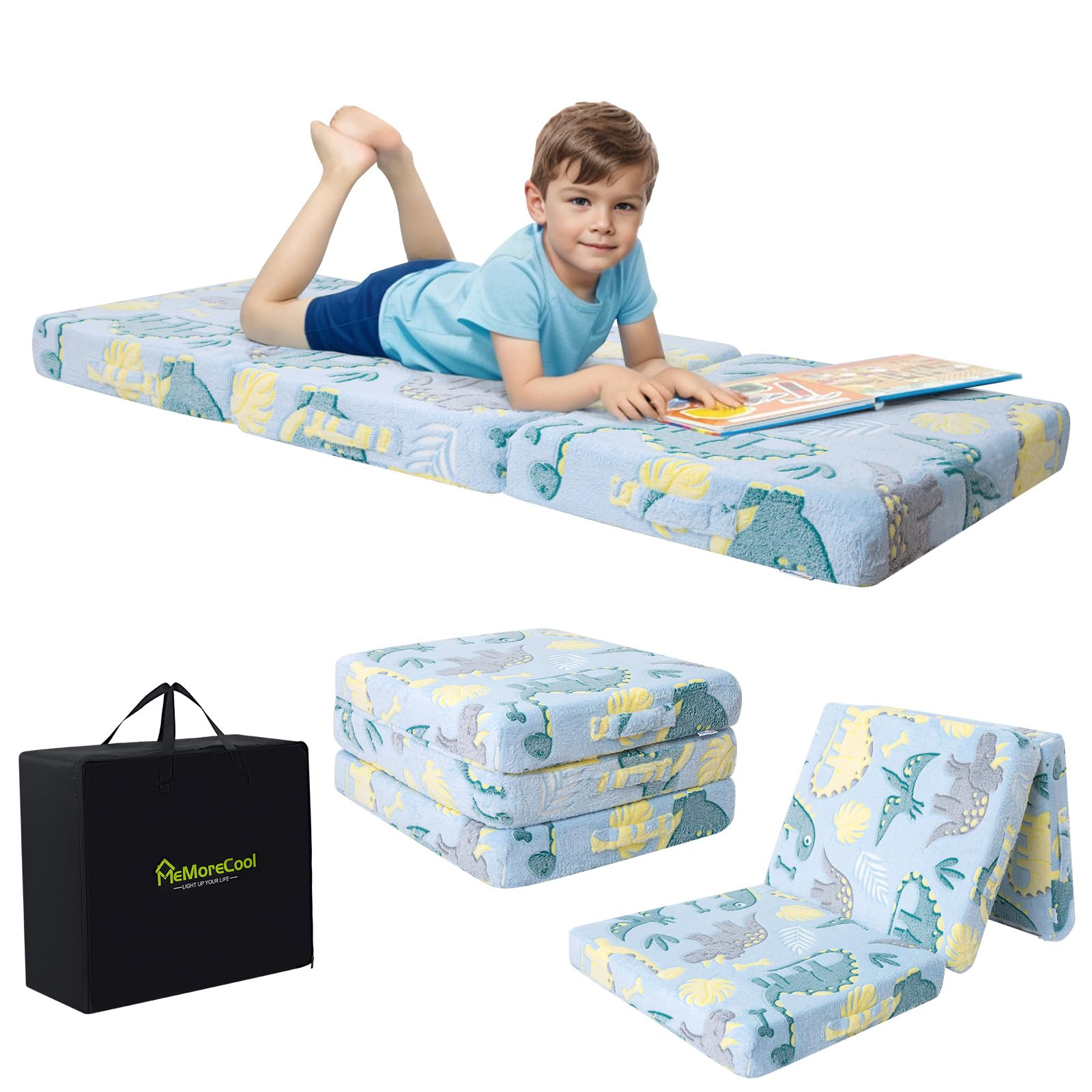 MeMoreCool Foldable Floor Mattress for Kids, Glow Dinosaur Trifold Nap Mat for Toddlers, Portable Sleeping Futon for Daycare or Floor Bed, 57x22 Inch
