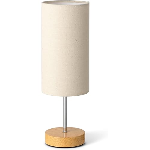 Small Bedside Table Lamp for Bedroom Nightstand, Round Linen Shade and Wood Base, Rustic Minimalist Night Lamps for Dresser, Living Room, Office, College Dorm Reading, Warm Light, 5W LED Bulb Included