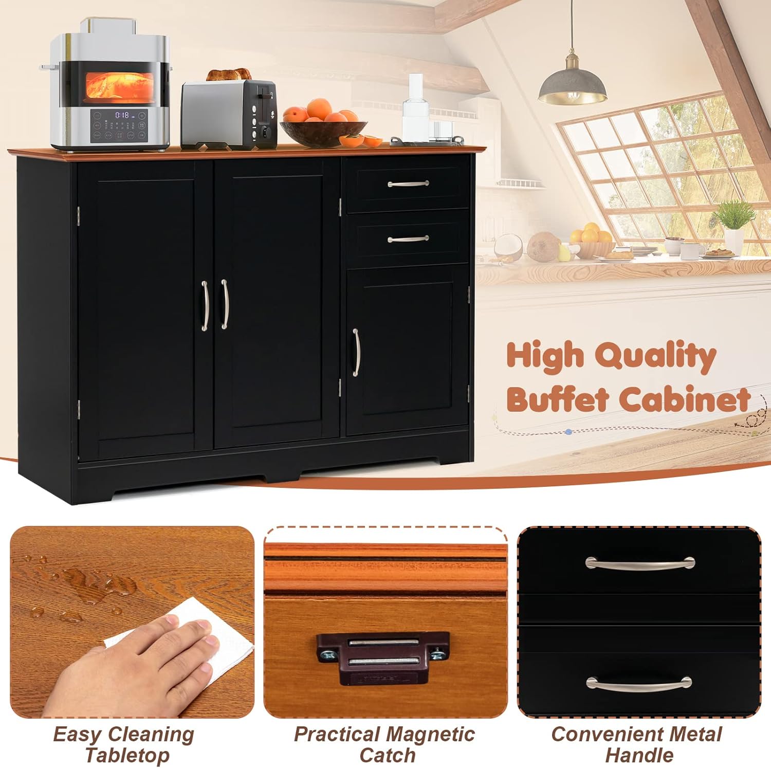 Kitchen Sideboard Cabinet, Buffet Table with Storage, Coffee Bar Console Table with Adjustable Shelf, Credenza for Living Room, Dining Room Buffet Cupboard (Black)