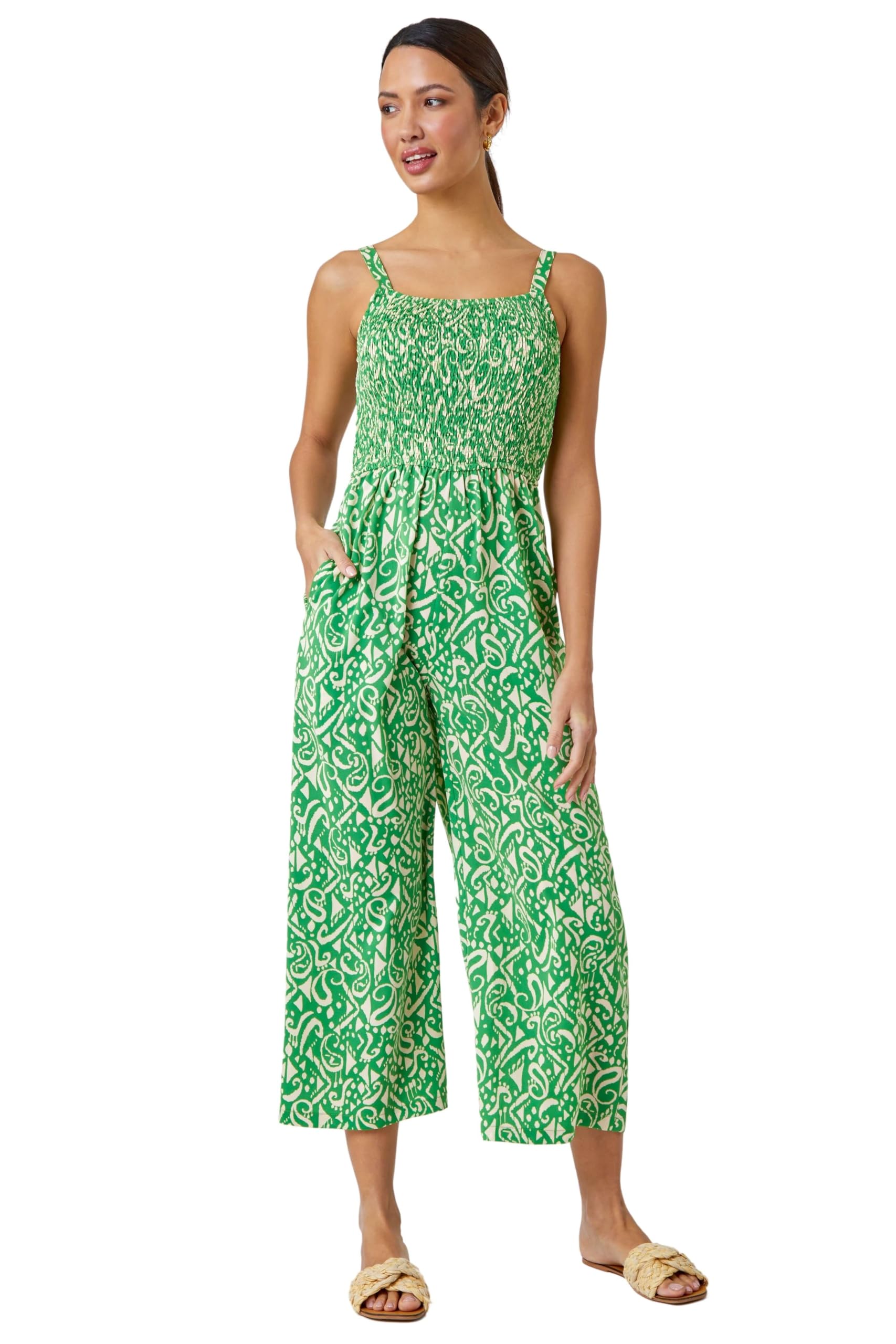 Roman Originals Women's Green Roman Shirred Stretch Jumpsuit For Uk - Everyday Holiday Spring Summer Square Neckline Comfy Soft Evening Vacation Work Party - Size 20