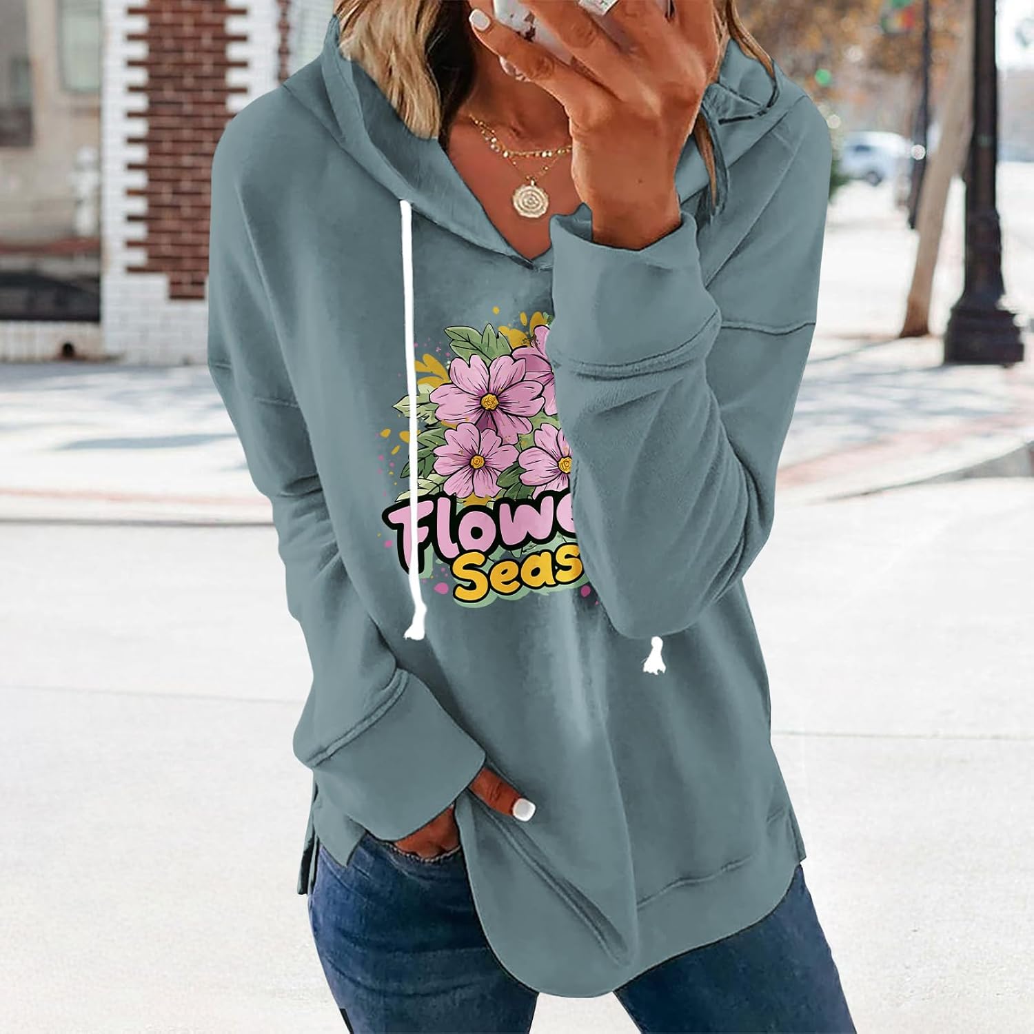 Women's White Floral Print Hoodie Long Sleeve Pullover Sweatshirt Loose Fit Cotton ... - Image 2