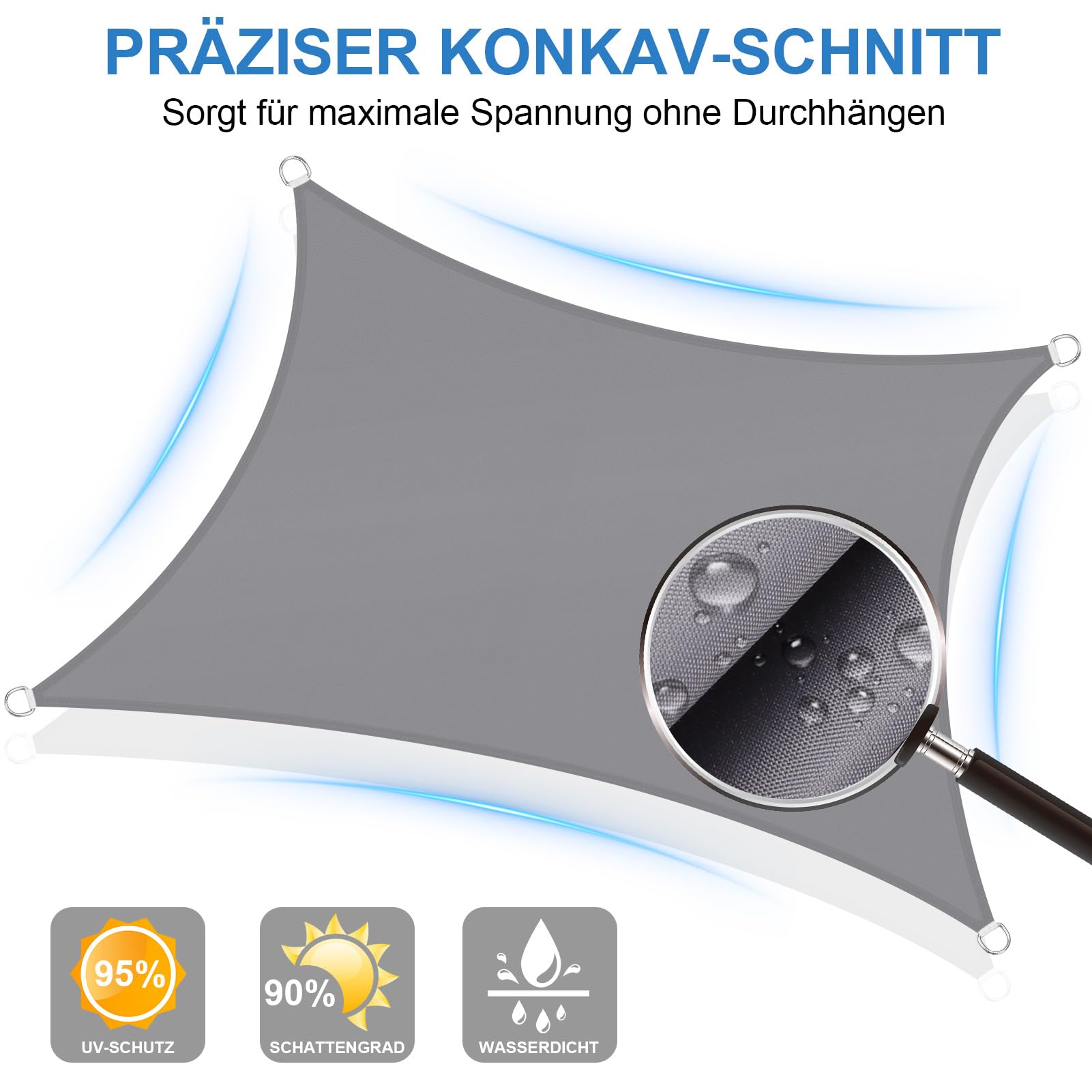 2x4m Sonnensegel Rechteckig, Wasserdicht Sonnenschutz Segeltuch Sunsegel, 95% UV Schutz, Regenschutz, Premium Polyester Sonnensegel für Balkon Terrasse Garten (Hellgrau)