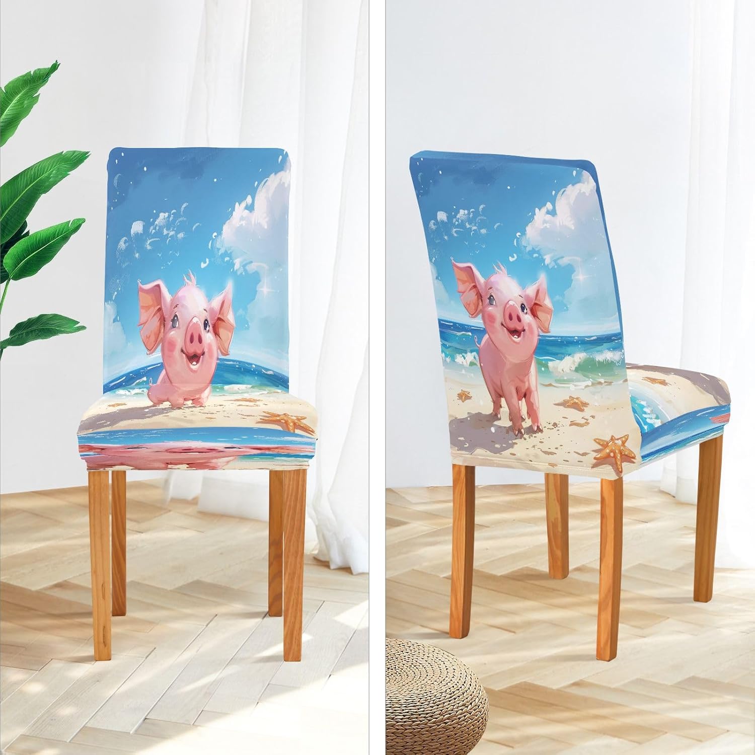 ALAZA Chair Covers for Dining Room, Pig Starfish Beach Stretch Chair Cover Sets Chair Protector Removable Washable for Ktichen Restaurant Hotel