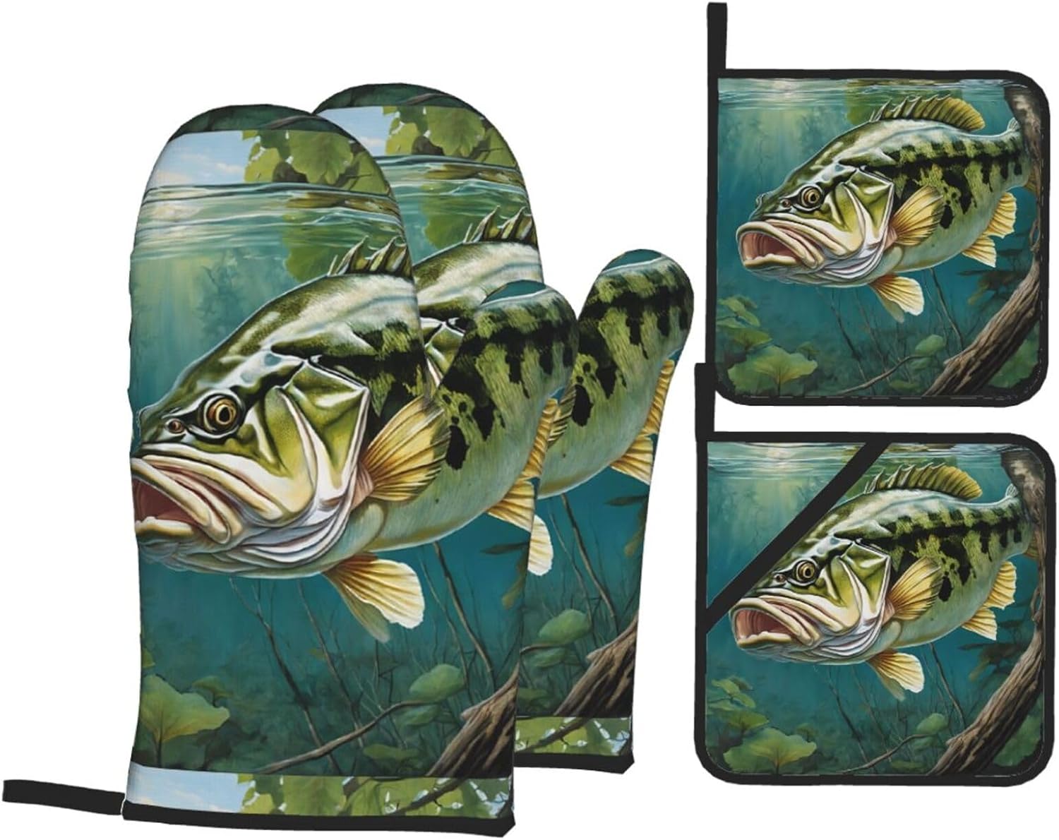 (Bass Fishing Wave) Baking 4-Piece Set: 2 Oven Mitts and 2 Pot Holders Heat Resistant Waterproof Hanging Loop for Kitchen Oven Grill Housewarming Gifts