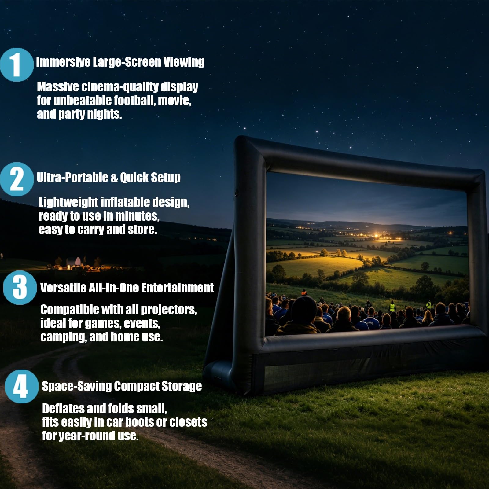 Schermo gonfiabile per proiettori all'aperto, portatile, per giardino, giardino, senza pieghe, per home cinema e feste