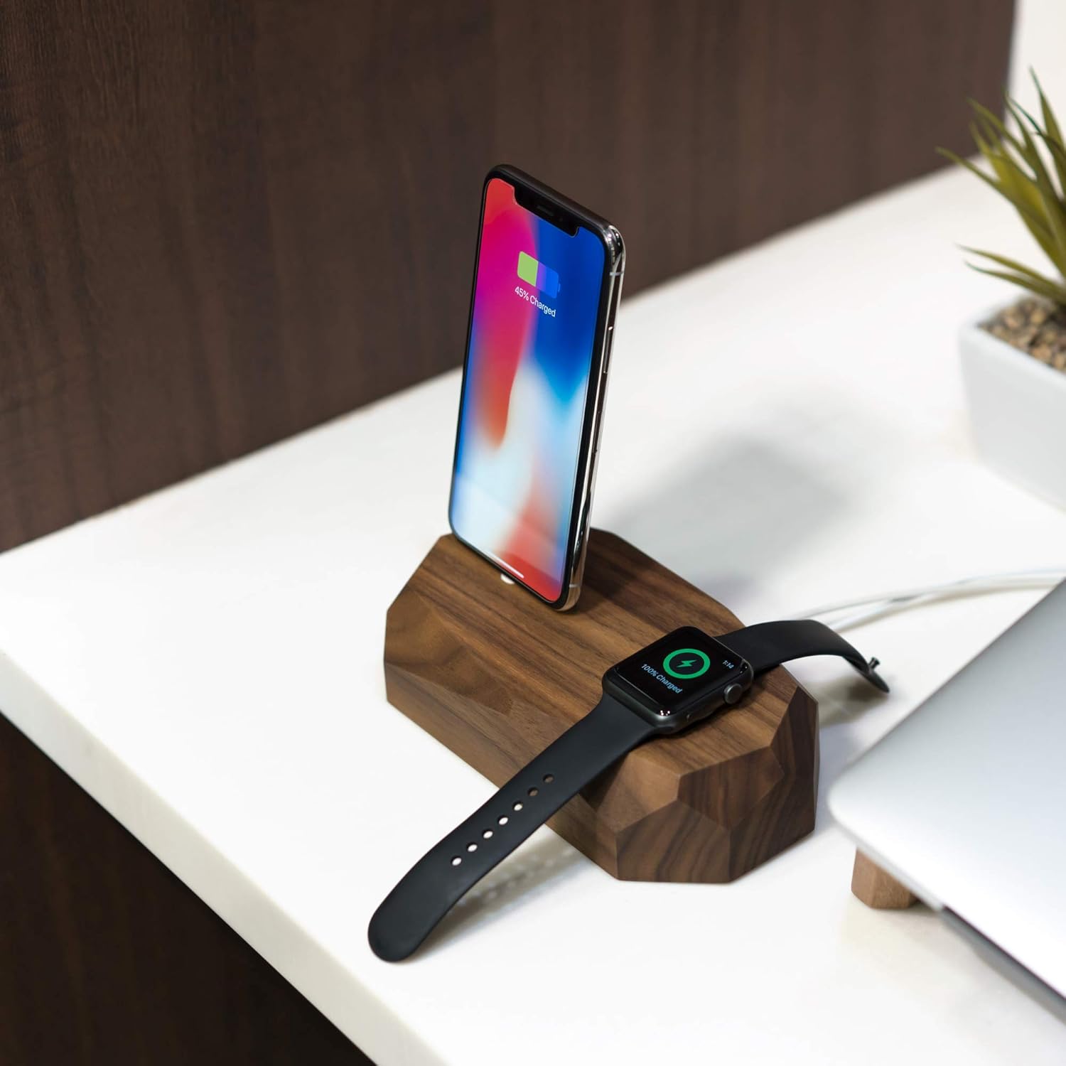 Oakywood - 2in1 Wood Docking Station Compatible with Apple Watch, Compatible with iPhone - Dual Charging Station, 1 x Lightning USB-A Connector Included - Combo Dock - Walnut