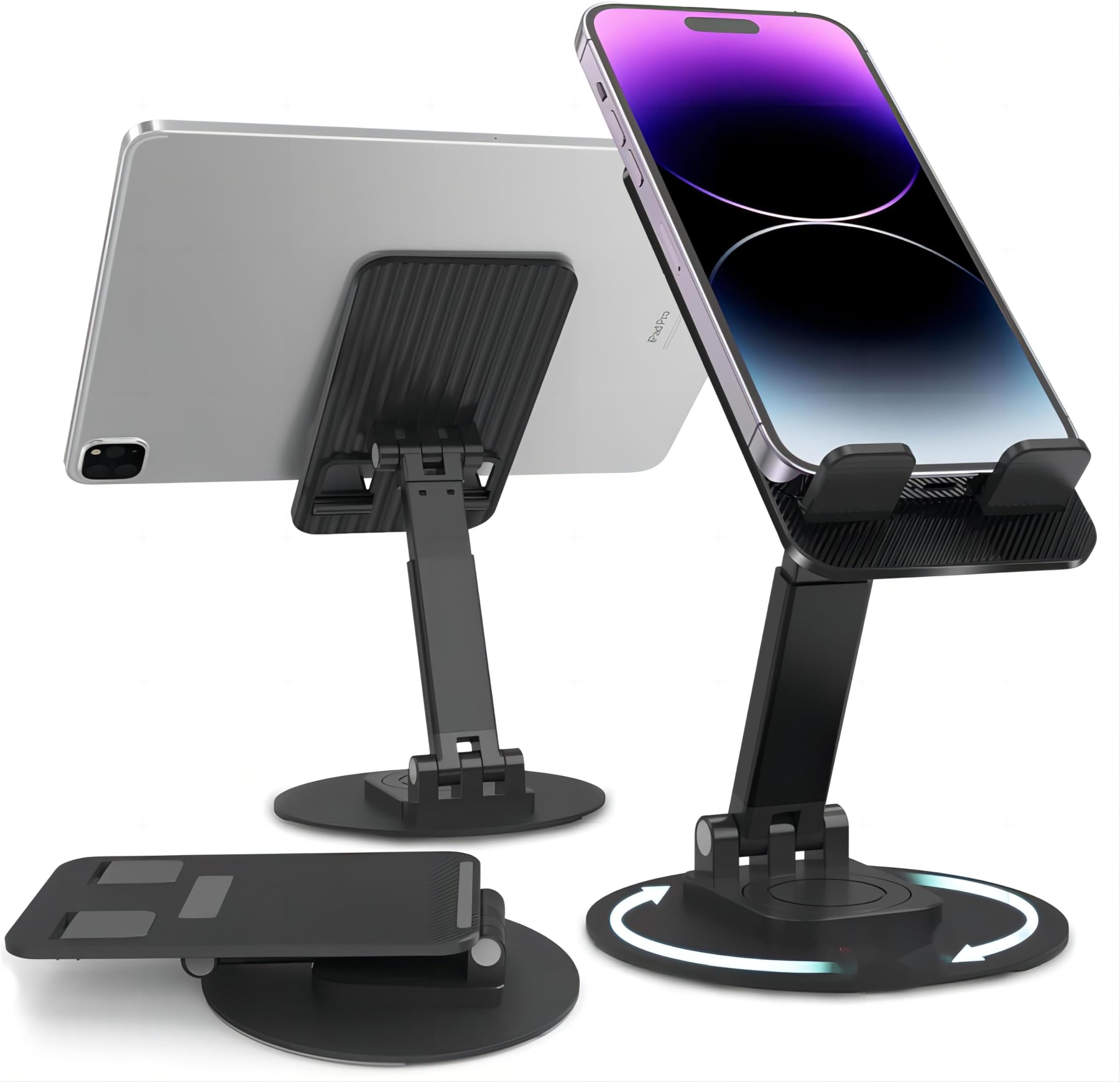COOLBABY Adjustable Phone Stand with 360°Rotating Base, Foldable Phone Tablet Holder Stand for Mobile Phones, Tablets (Black)