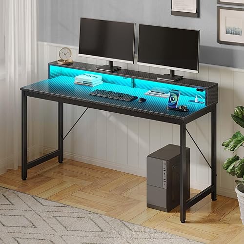 Miniatura 6 de Rolanstar Escritorio para computadora de 39 pulgadas con luces LED y tomas de corriente, escritorio de oficina en casa con estante para monitor,