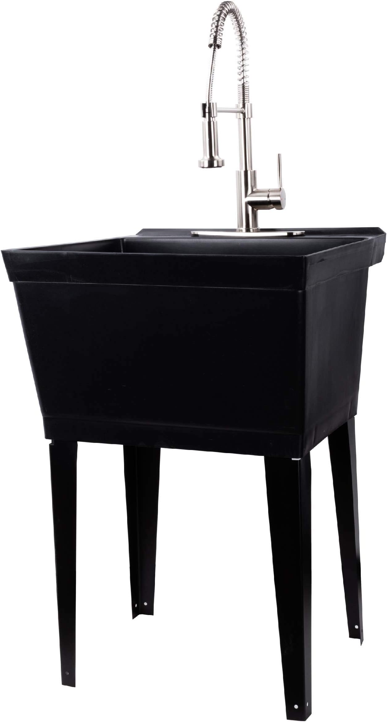 Black Utility Sink Laundry Tub with Commercial Grade Stainless Steel Pull Down Sprayer Faucet, Integrated Supply Lines, and Drainage are Included, Free Standing Wash Station, Heavy Duty Floor Mounted