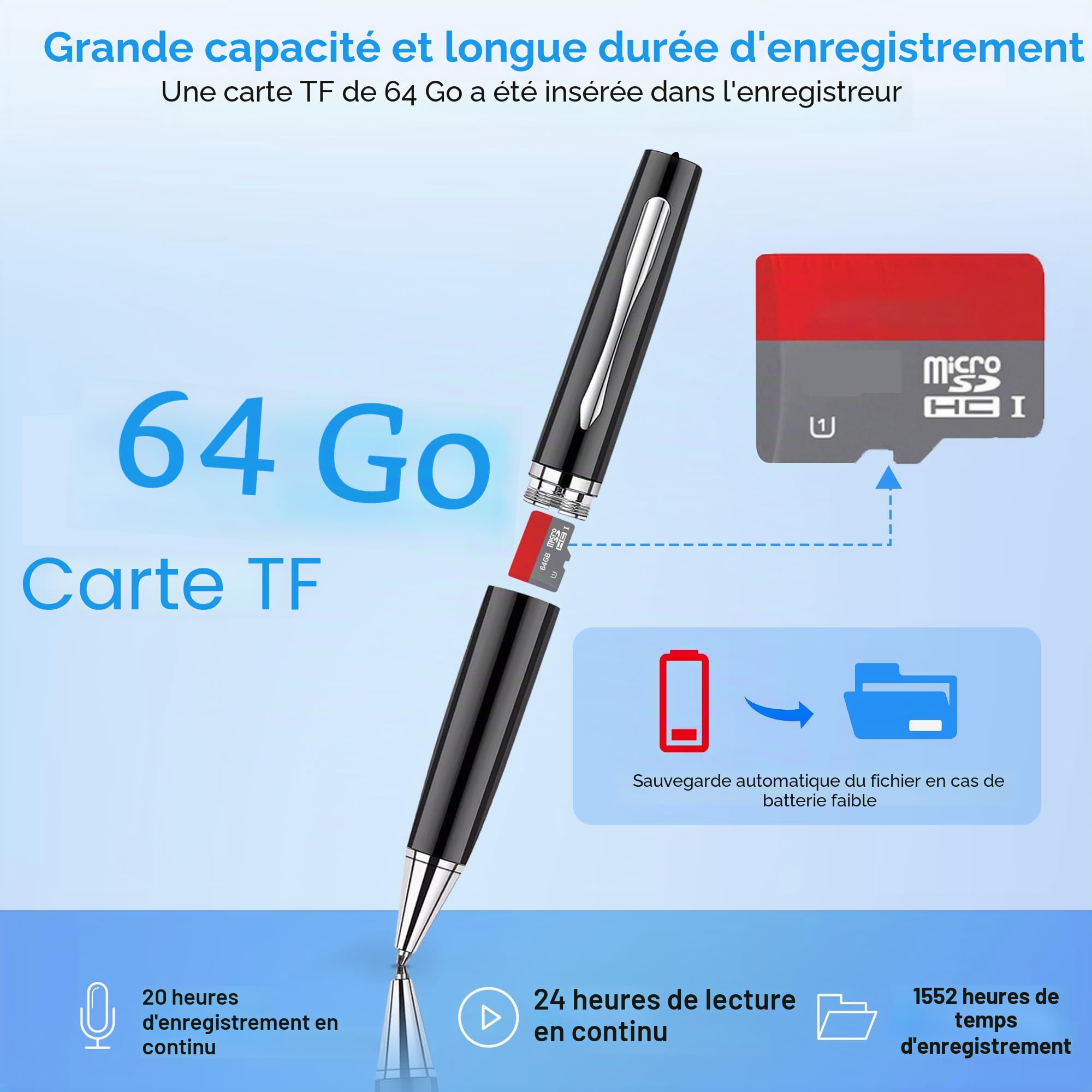 Enregistreur Vocal Numérique AI 64G avec Réduction du Bruit, Lecteur MP3 Intelligent pour Réunion, Cours, Conférences