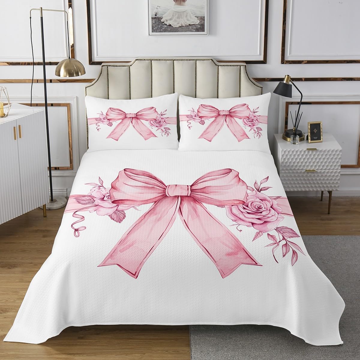 Erosebridal Rose Bowknot Queen Quilt Set Teen Girls Princess Bow Bedspread Set,Little Girl Kawaii Quilted Coverlet,Pink Dreamy Floral Bed Cover for Kids Children Bedroom Decor