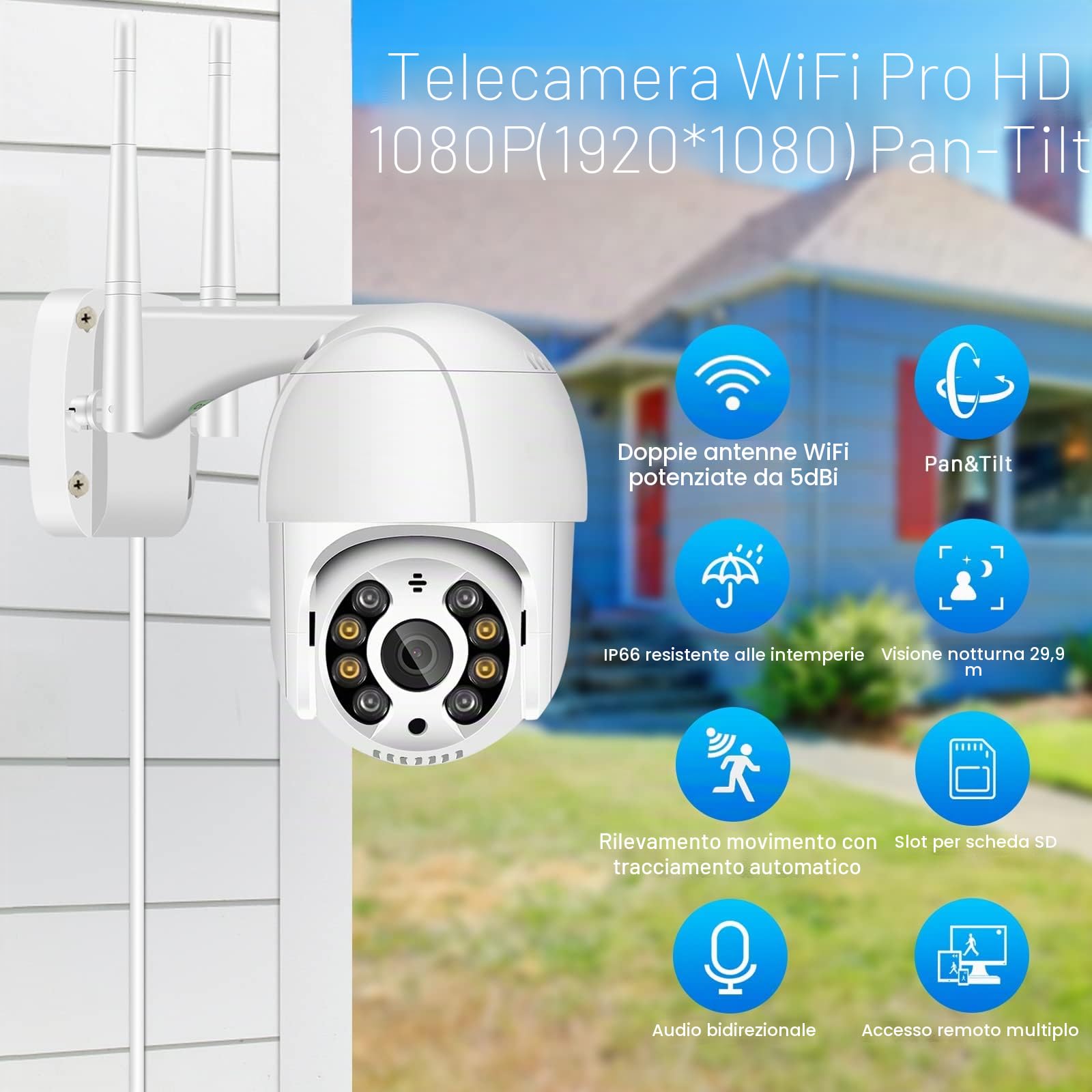 1080P Camere di Sorveglianza WiFi, Telecamera WiFi Esterno Motorizzata Impermeabile IP66 con Audio a Due Vie, Visione Notturna a Colori 30M Rilevamento del Movimento Monitoraggio Intelligente