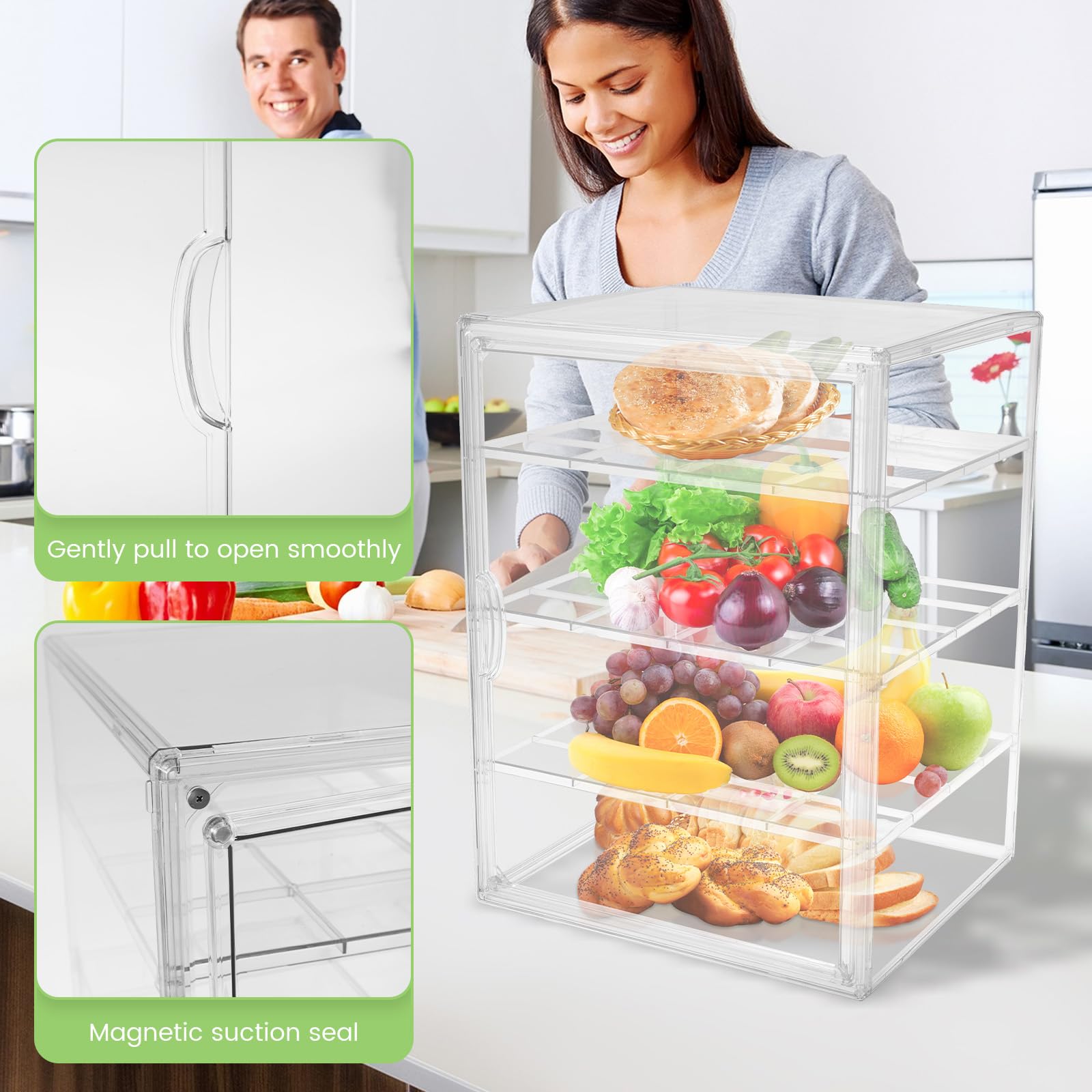 Vetrina per pasticceria, 4 strati in acrilico per piano di lavoro della cucina, 29 × 25 × 39,2 cm, contenitore per il pane trasparente regolabile con porta magnetica, supporto per il display della