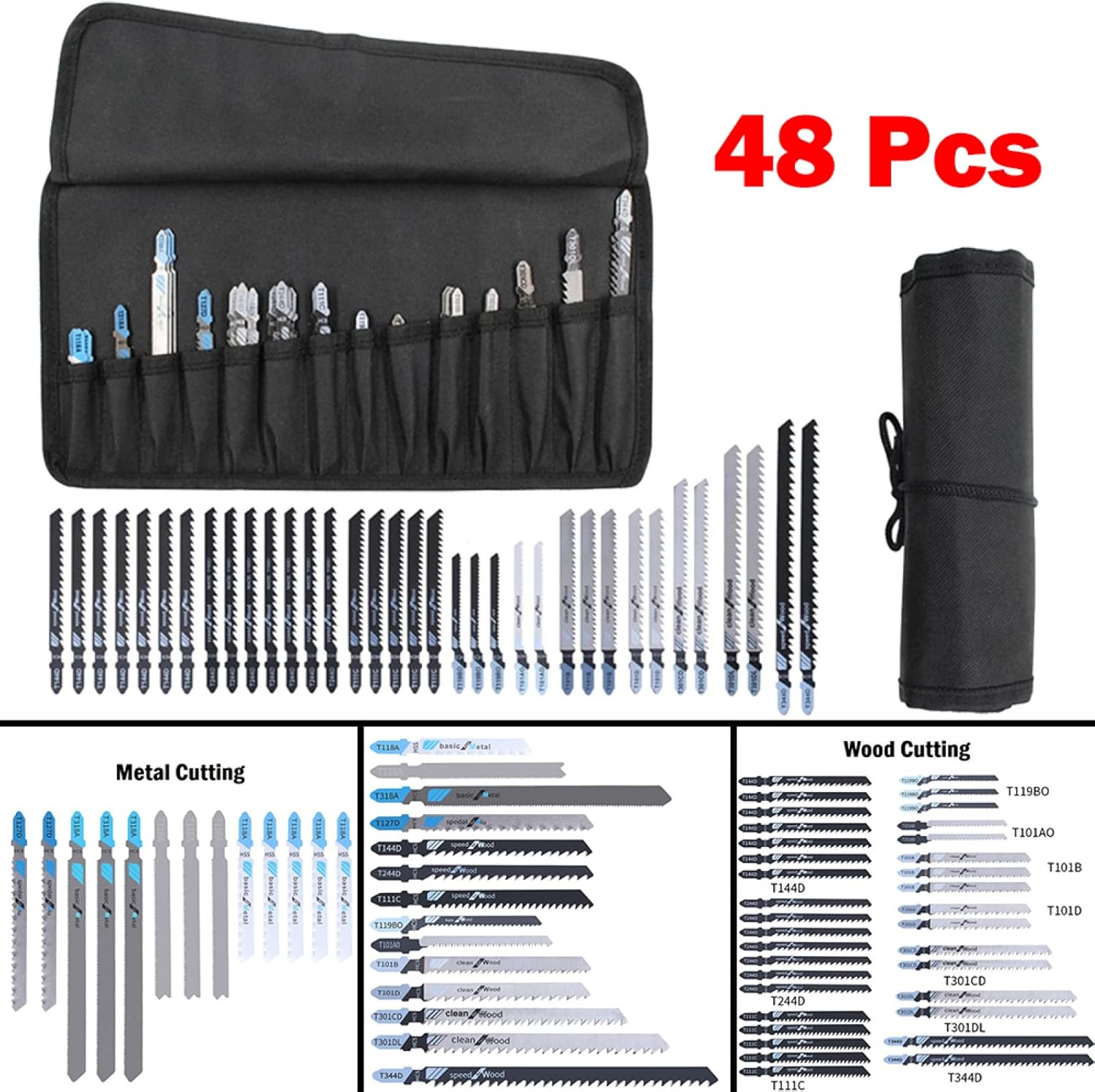 48pcs Woodworking Saw Jigsaw Blades Kit HCS HSS Reciprocating Saw Blades Cutting For Cutting Wood Metal Plastic