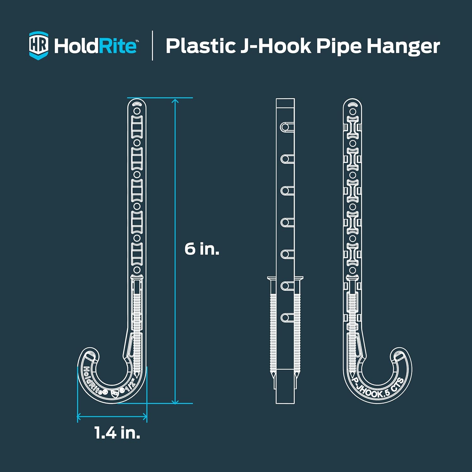 HoldRite 1/2 inch CTS J-Hook Pipe Hanger, 50 Pack, Pipe Support, PEX, Copper, CPVC, P-JHOOK050CTS