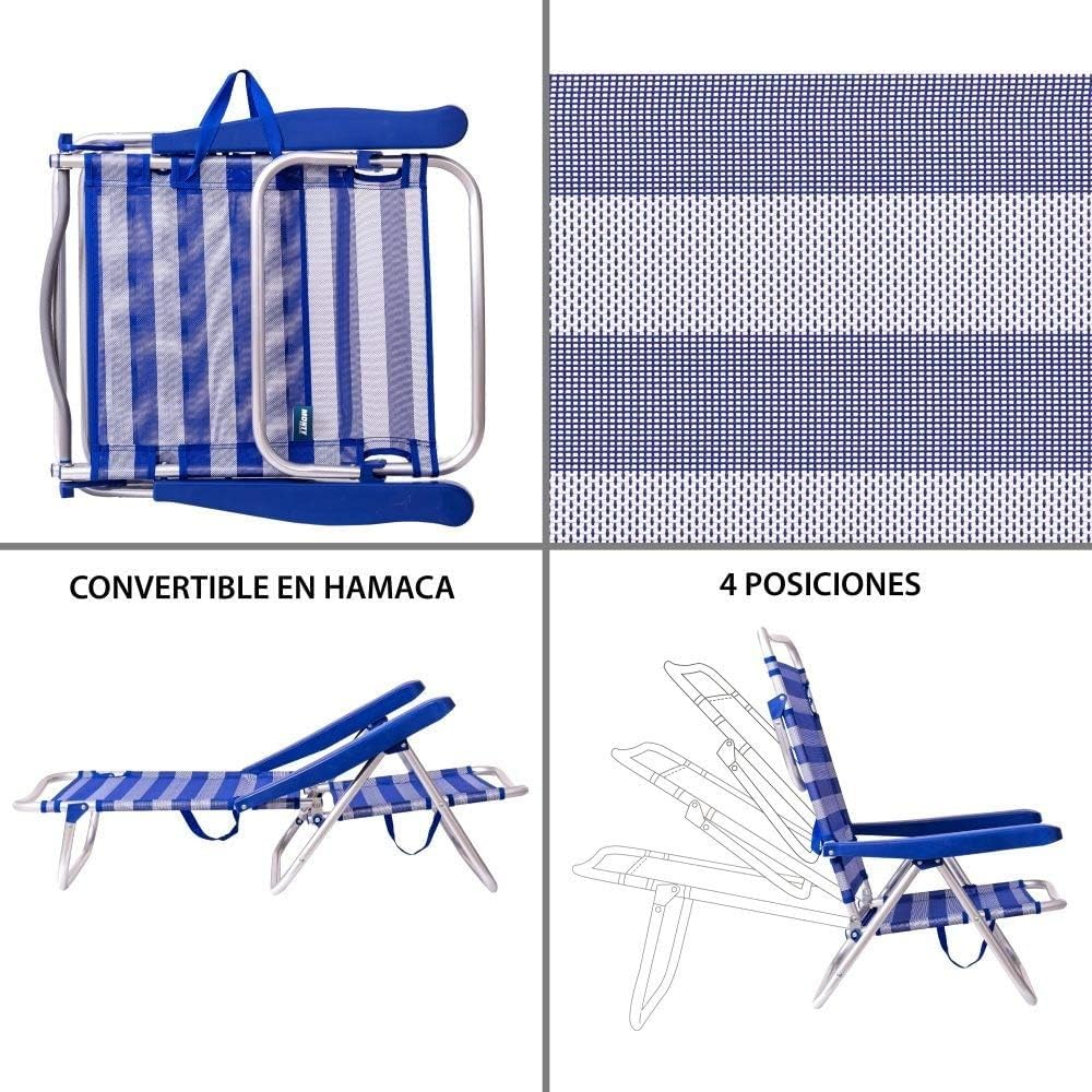Silla de Playa Reclinable y Plegable Convertible en Cama – Aluminio Ligero y Textileno, 4 Posiciones, Portátil para Camping, Jardín, Terraza, 53x62x20/78CM (Turquesa, 2 Unidades)