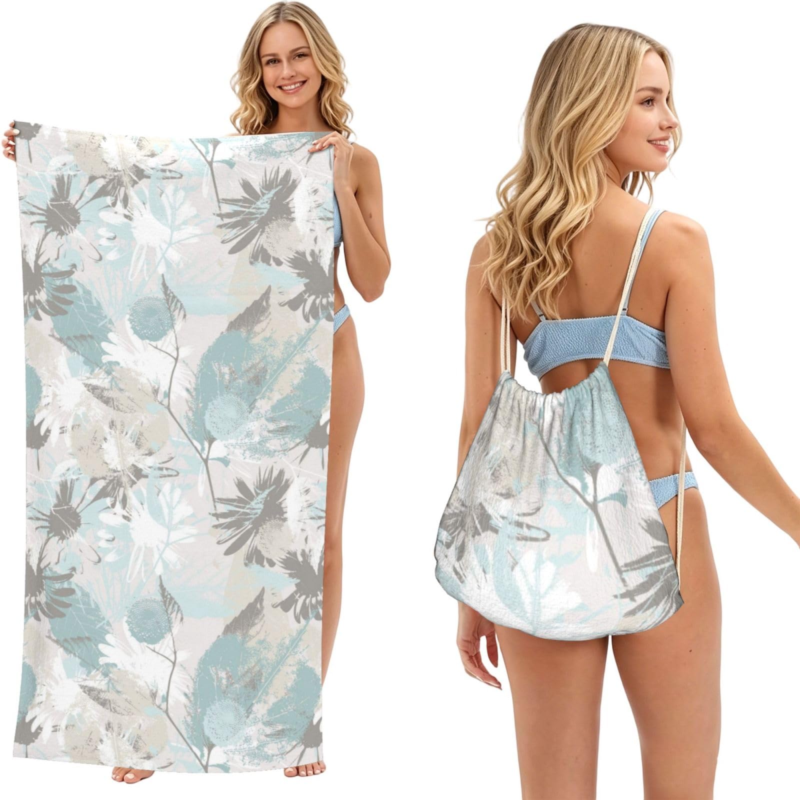Poadnly As Picture Mint Gray Leaves, 2 In 1 Packable Towel Bag, Beach Towels With Drawstring Backpack For Travel Holiday Camping