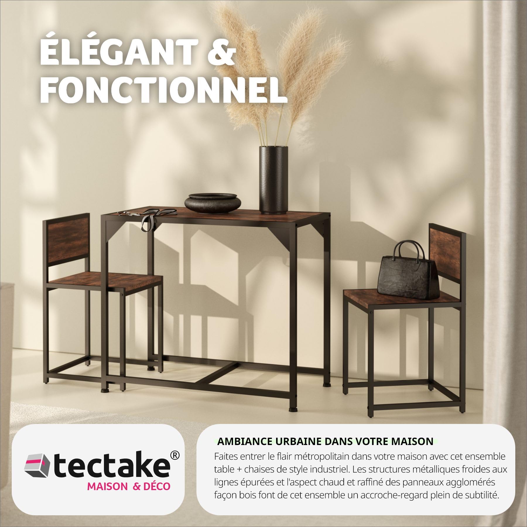 tectake Ensemble Table et 2 chaises Ensemble de Salle à Manger Groupe de sièges Meuble pour Salle à Manger – diverses Couleurs (Bois foncé Style Industriel)
