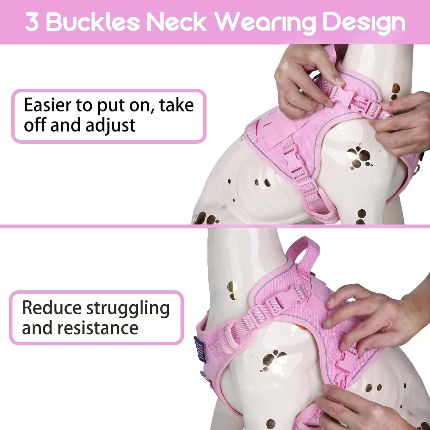 BUMBIN Tactical Dog Harness with Laesh Set，No-Pull Service Fit Smart Dog Vest with Hook & Loop Panels,Adjustable Dog Vest Harness with Handle Pink M