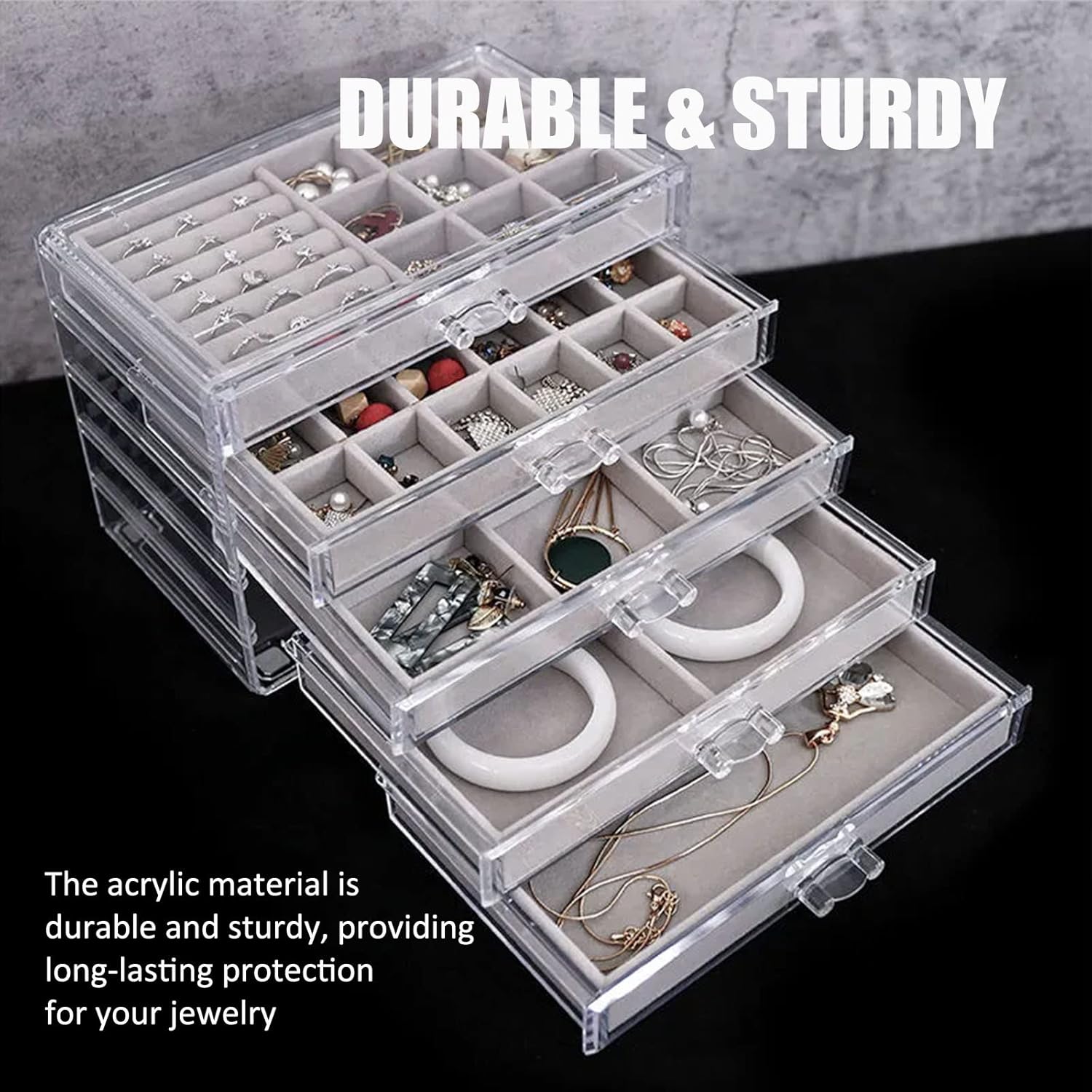 CHADWICK 5 Tier Transparent Acrylic Jewelry Drawer Organizer Box with Detachable Dividers for Necklaces, Earrings, Rings, Bracelets, Keep Your Treasures Organized for Home and Travel