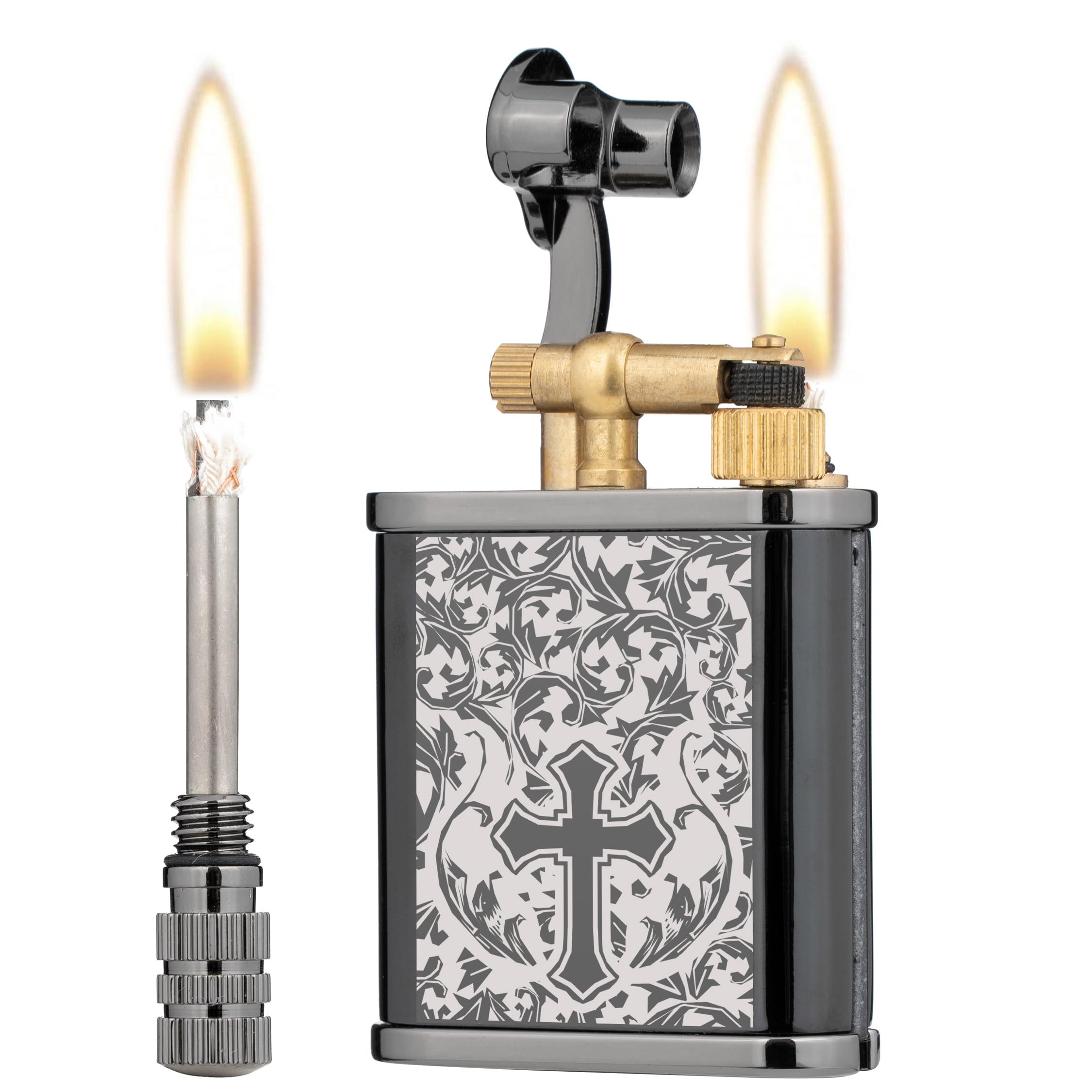 2 in 1 Lighter Permanent Match Antique Style Lift Arm Kerosene Lighter with Permanent Match (Black Ice Cross)