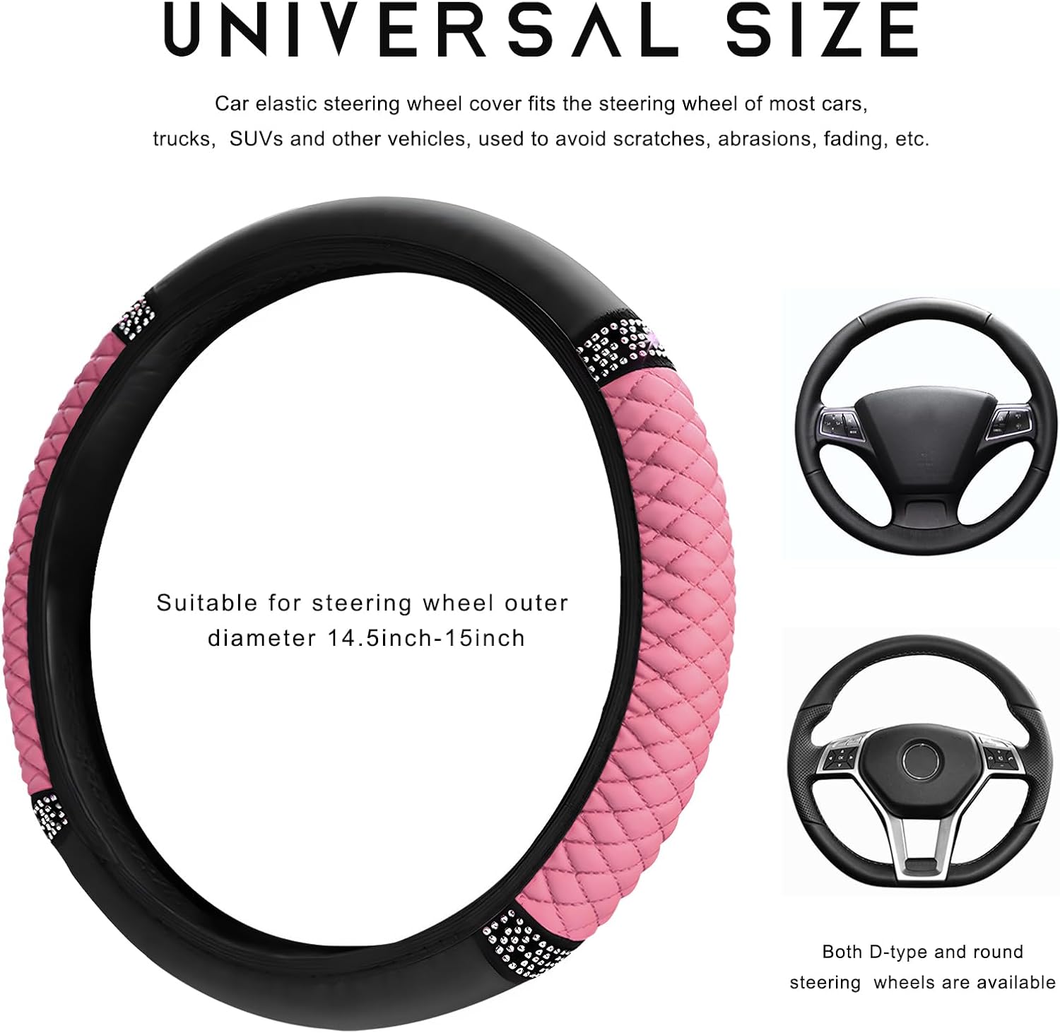 Bling Car Steering Wheel Cover, 15 Inch Sparkly Rhinestone Soft Leather Steering Wheel Protector, Non-Slip Universal Auto Elastic Steering Wheel Covers for Women Girls (Pink)