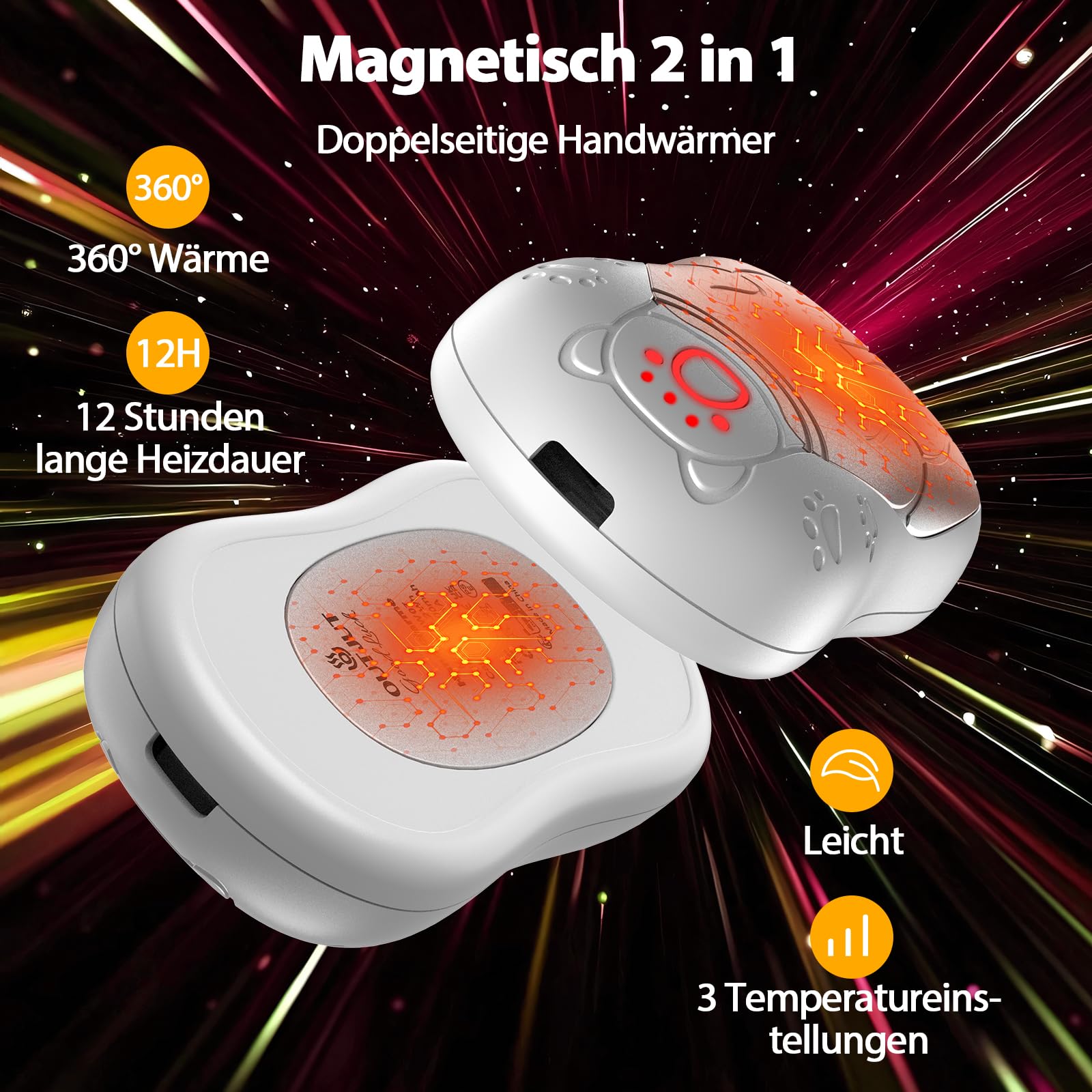 Handwärmer Wiederaufladbar 2 Pack, 12000mAh Magnetischer Handwärmer Elektrische, OUTJUT USB Tragbarer Taschenwärmer Beidseitige Beheizung für Outdoor Sport, Herzerwärmendes