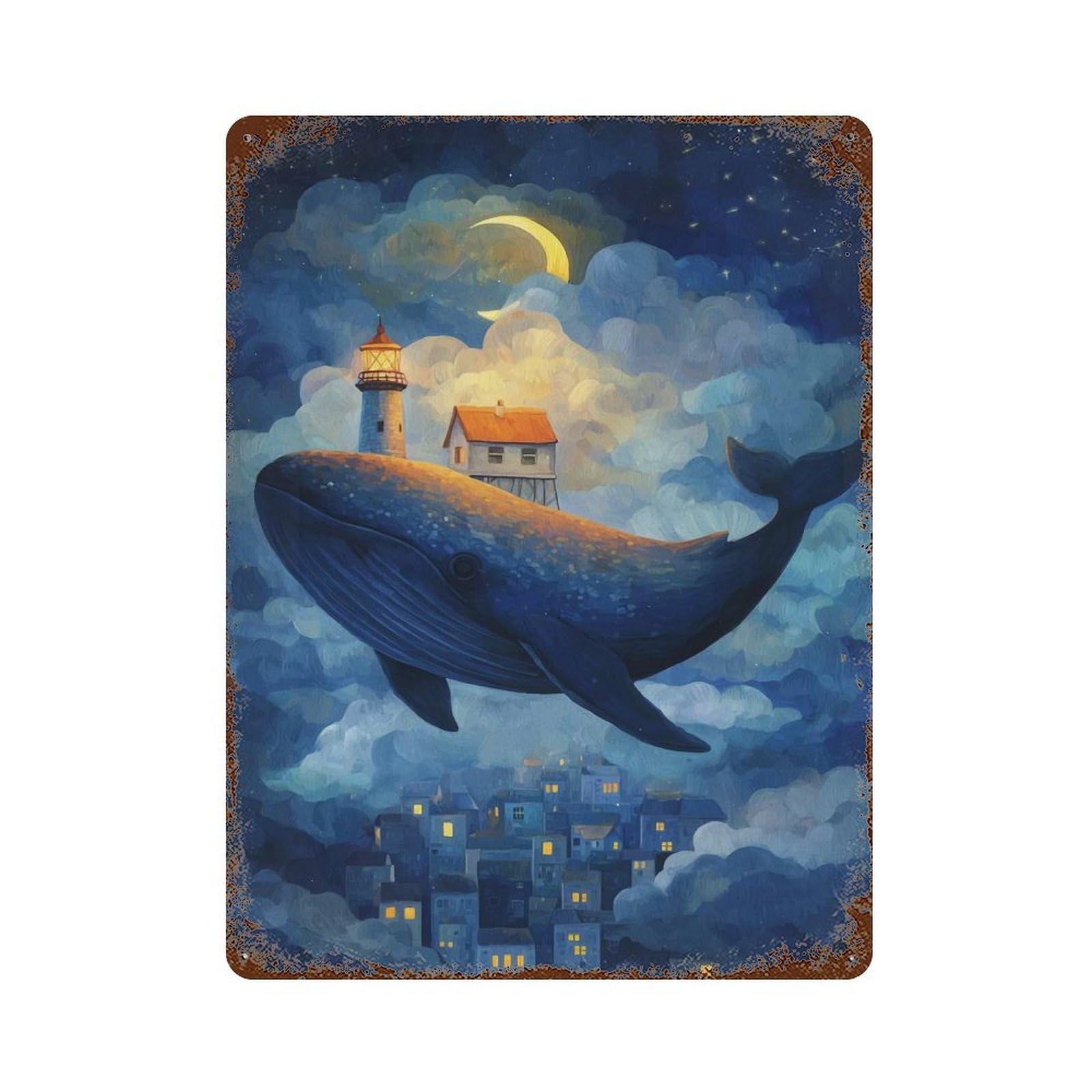 Rust Effect Whale Island Dreamscape Rusty Metal Tin Sign 15.7"x11.8", Old School Wall Decor for Cafe, Home Bar And Lounge Decor