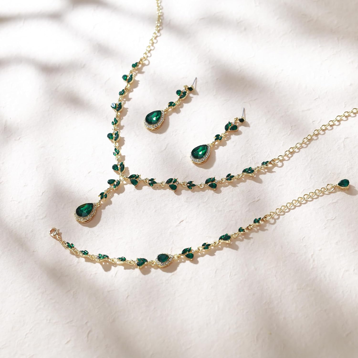 Crysdue Wedding Jewelry Sets for Brides Bridesmaid Women, Sparkly Rhinestone Floral Leaf Bridal Teardrop Y Pendant Necklace Chandelier Dangle Earrings Set for Prom Party - Image 4