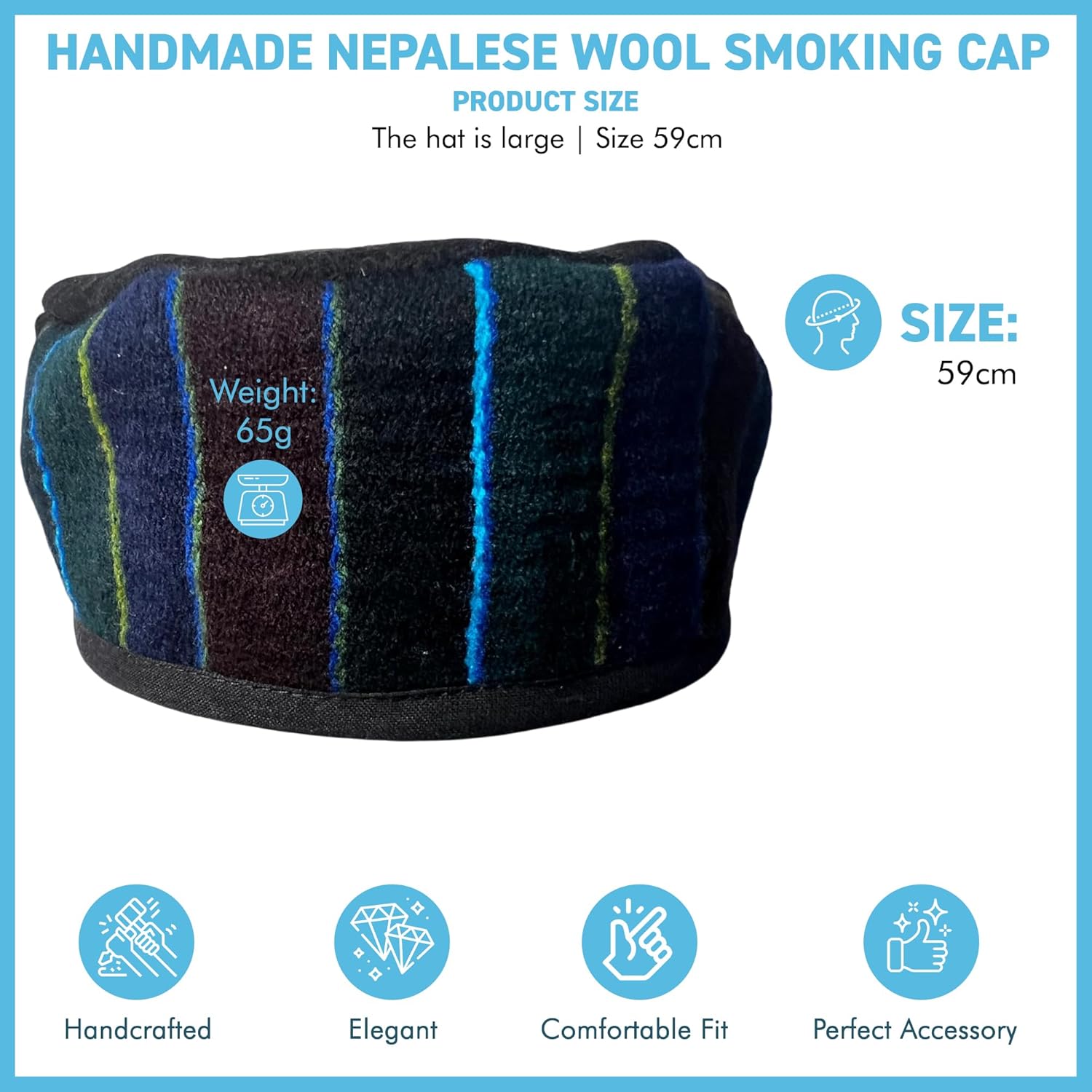 Thorness Handmade Nepalese Wool Black Smoking Cap, Lightweight, Stylish, with Traditional Tibetan Accents, Size 59cm, large, Black, 7 1/4