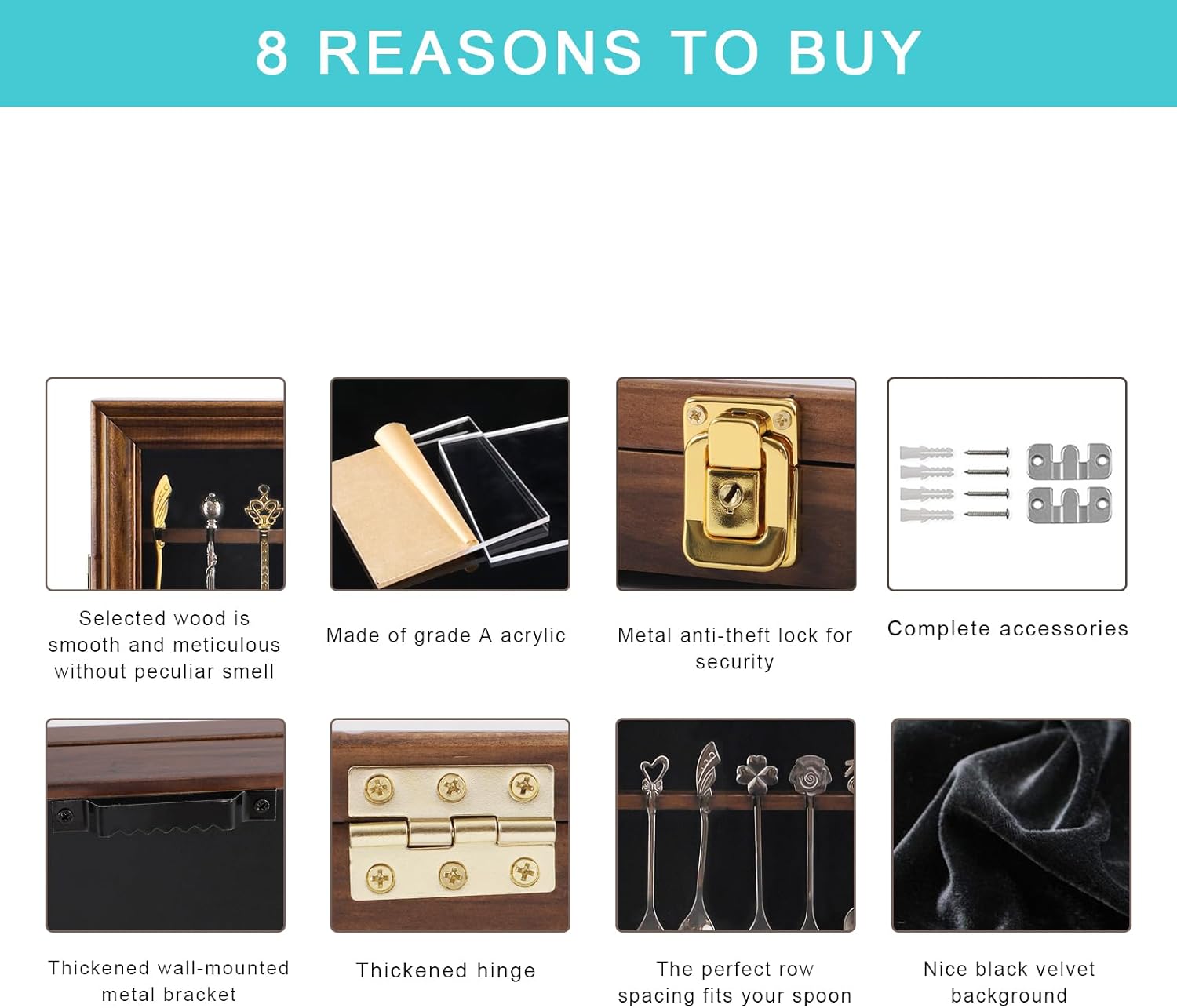 60 Souvenir Tea Spoon Display Case Collection Collector Rack Wall Mount Wooden w/98% UV Acrylic Door Lockable（Fire Burning Color） (60Spoon)