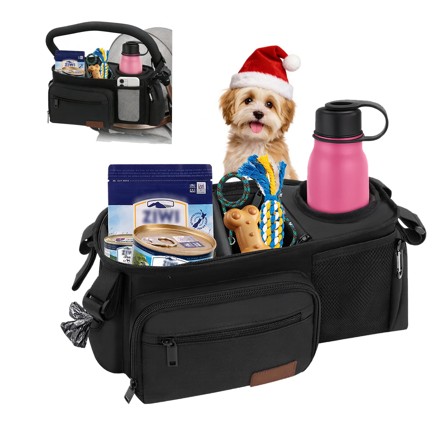 Dog Stroller Organiser Bag, Pet Stroller Caddy with Poop Bag Dispenser, Treat Pocket & Insulated Cup Holder, Adjustable Dividers for Dog Essentials, Fits 14–19 in Handles, Gift for Pet Lovers, Black