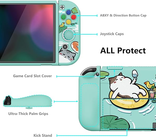 PlayVital Funda Suave para Nintendo Switch OLED - Carcasa Protectora Ergonómica para Joy-con, Grip Antideslizante con Tapas de Joysticks y Botones ABXY & Dirección (Gatos en Piscina) - 5