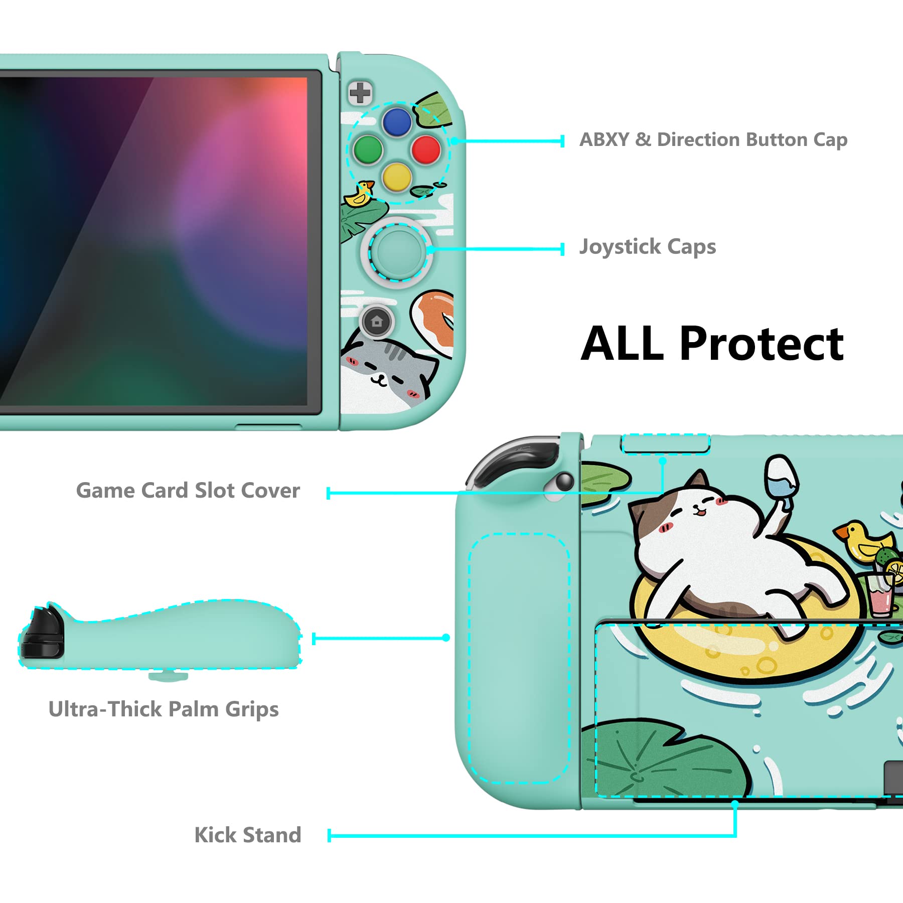 PlayVital Funda Suave para Nintendo Switch OLED - Carcasa Protectora Ergonómica para Joy-con, Grip Antideslizante con Tapas de Joysticks y Botones ABXY & Dirección (Gatos en Piscina) — view 5