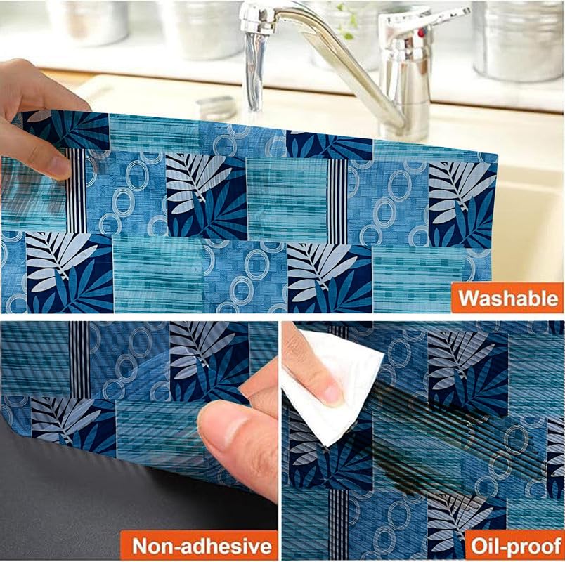 Image of Anti-Slip Kitchen Shelf Liner - Meter Roll, Waterproof Multipurpose Mat for Fridge, Cabinet, Drawer, Trolley & Bathroom - Easy to Cut Floral Blue Print (Blue, 20 Meter)