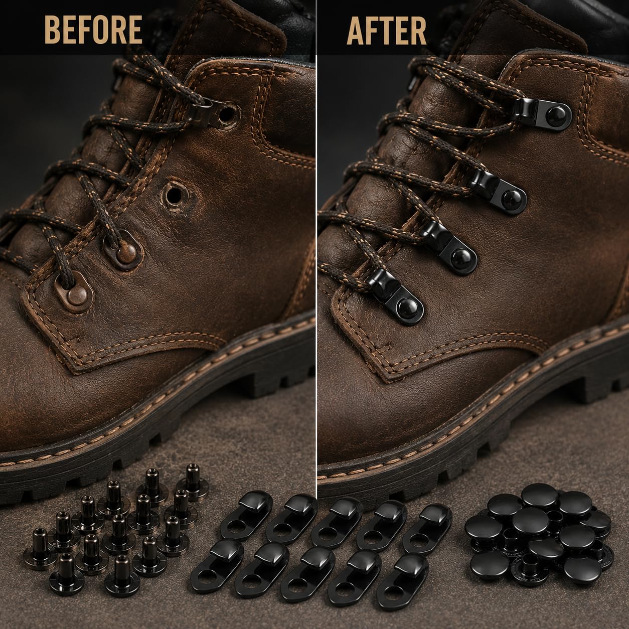 HEAVY DRIVER 20 Sets Metal Boot Hooks with Rivets | Alloy Shoelace Buckles for Hiking Boots, Climbing Shoes, Bag Straps & DIY Leather Craft Repair Accessories (Black) 2