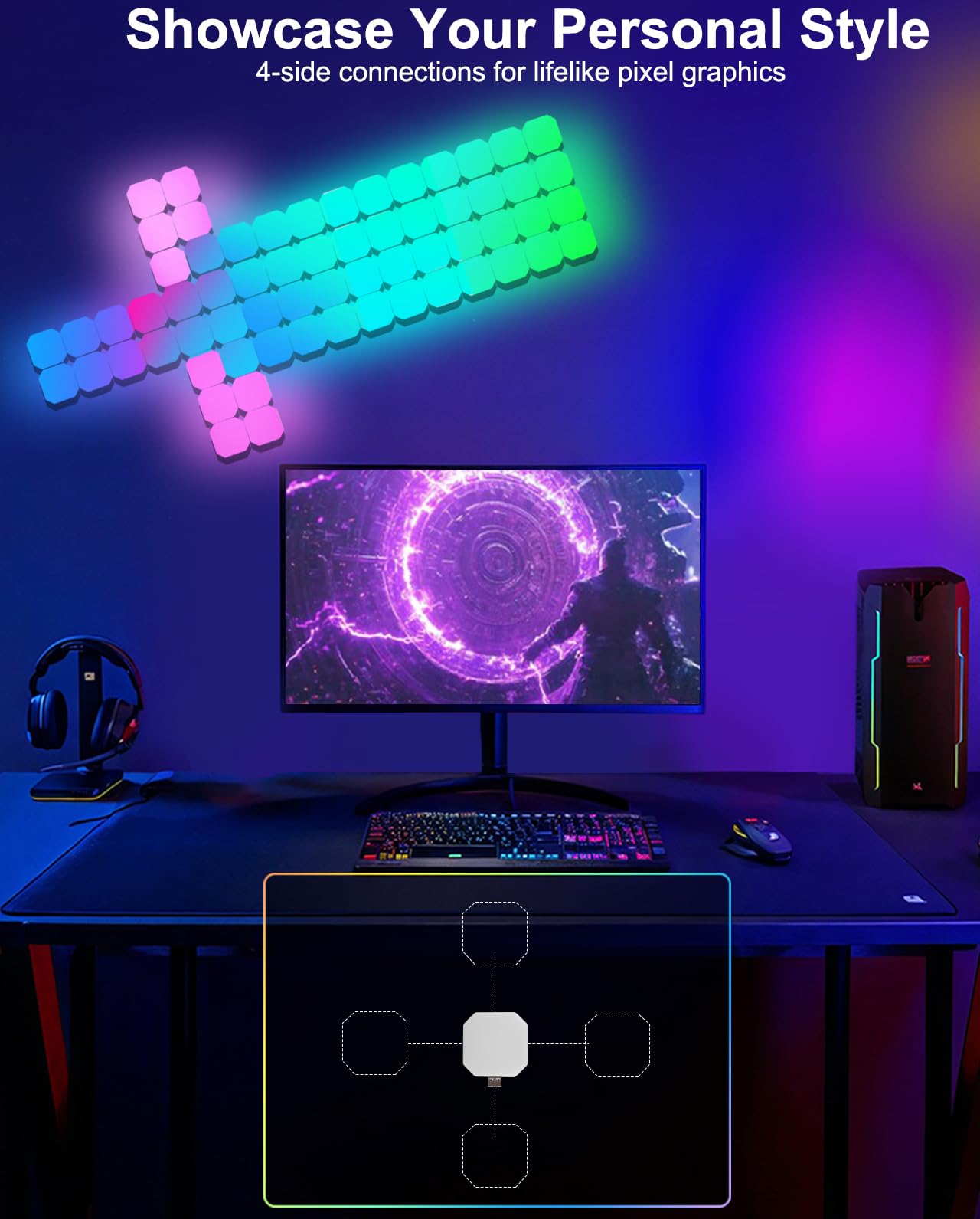 Hexagon LED Panel Wandleuchte, Smart RGBIC Gaming LED Wandpaneele Beleuchtung 12 DIY Quadrate Funktioniert mit Alexa und Google Assistant, Musik Sync App-Steuerung für Gaming Setup Wohnzimmer TV Deko