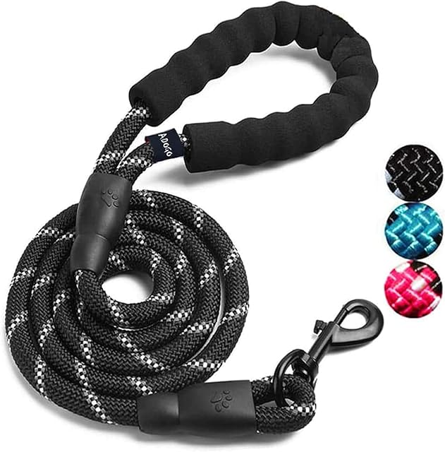 ADOGO® Rope Dog Lead with Soft Padded Handle and Reflective Threads Nylon Durable Dog Leash Safety 5FT Mountain Climbing Rope Twist Dog Lead For Small Medium Large Dogs (Black)