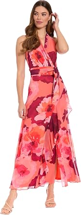 London Times Womens Elegant Floral V-Neck Sleeveless Wrap Maxi Dress for Wedding Guest & Special Occasions
