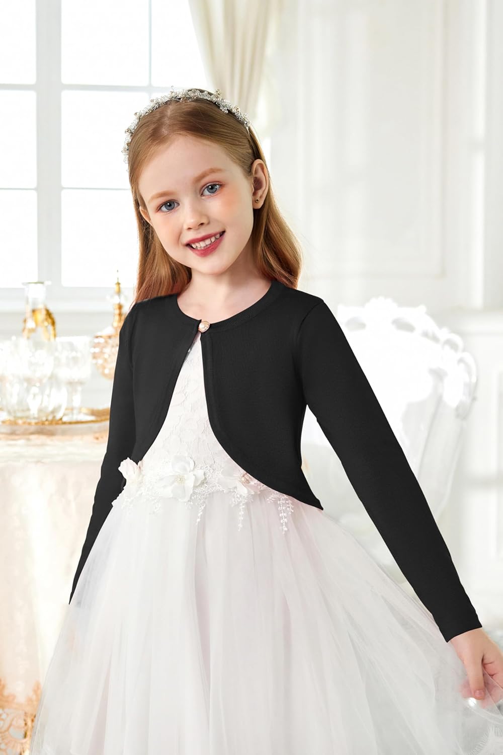 Arshiner Girls Open Front Shrug Cardigan Kids Children Knit Long Sleeve Bolero with Button Closure - Image 2