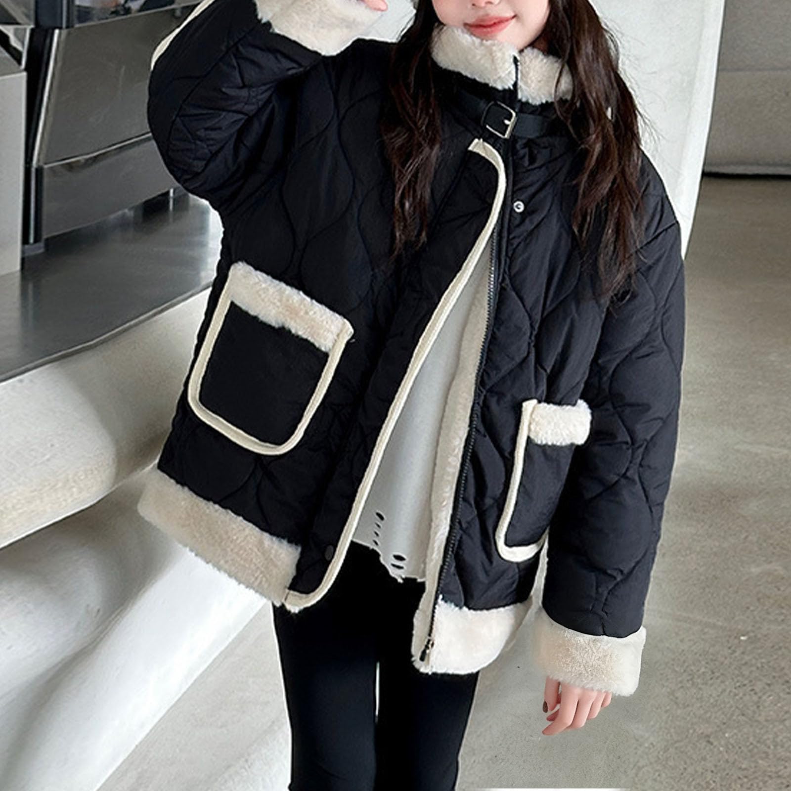 Abrigos con forro de sherpa para niñas, chaquetas acolchadas de forro polar de gran tamaño, con solapa y botones, con cremallera, abrigos con bolsillos, chaqueta de invierno para clima frío de