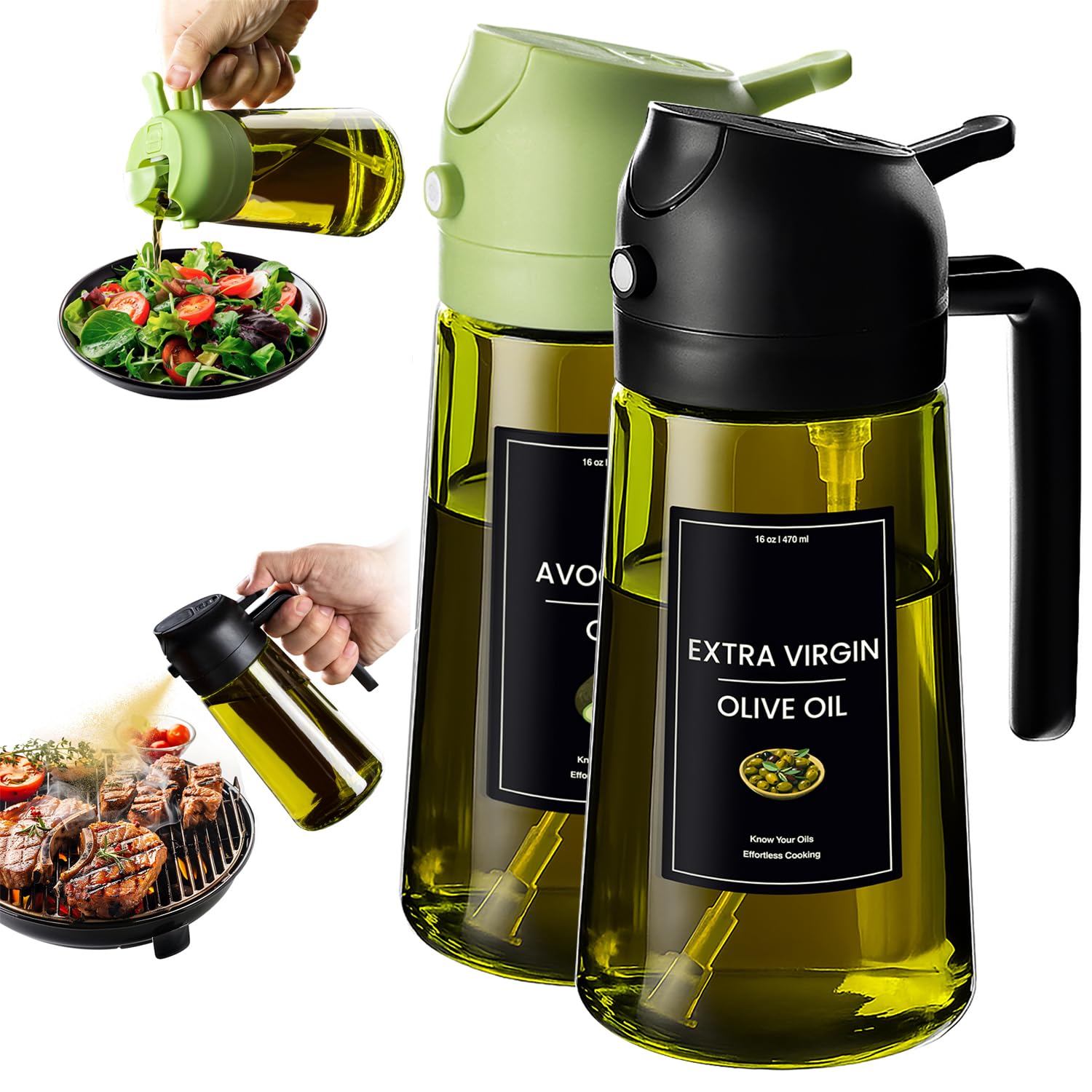 CXINYI - 16oz/470ml Olive Oil Dispenser for Kitchen with Stickers - 2 in 1 Olive Oil Sprayer for Cooking, Air Fryer, and Salad, Black&Green (Light-Proof Kitchen Gadget)