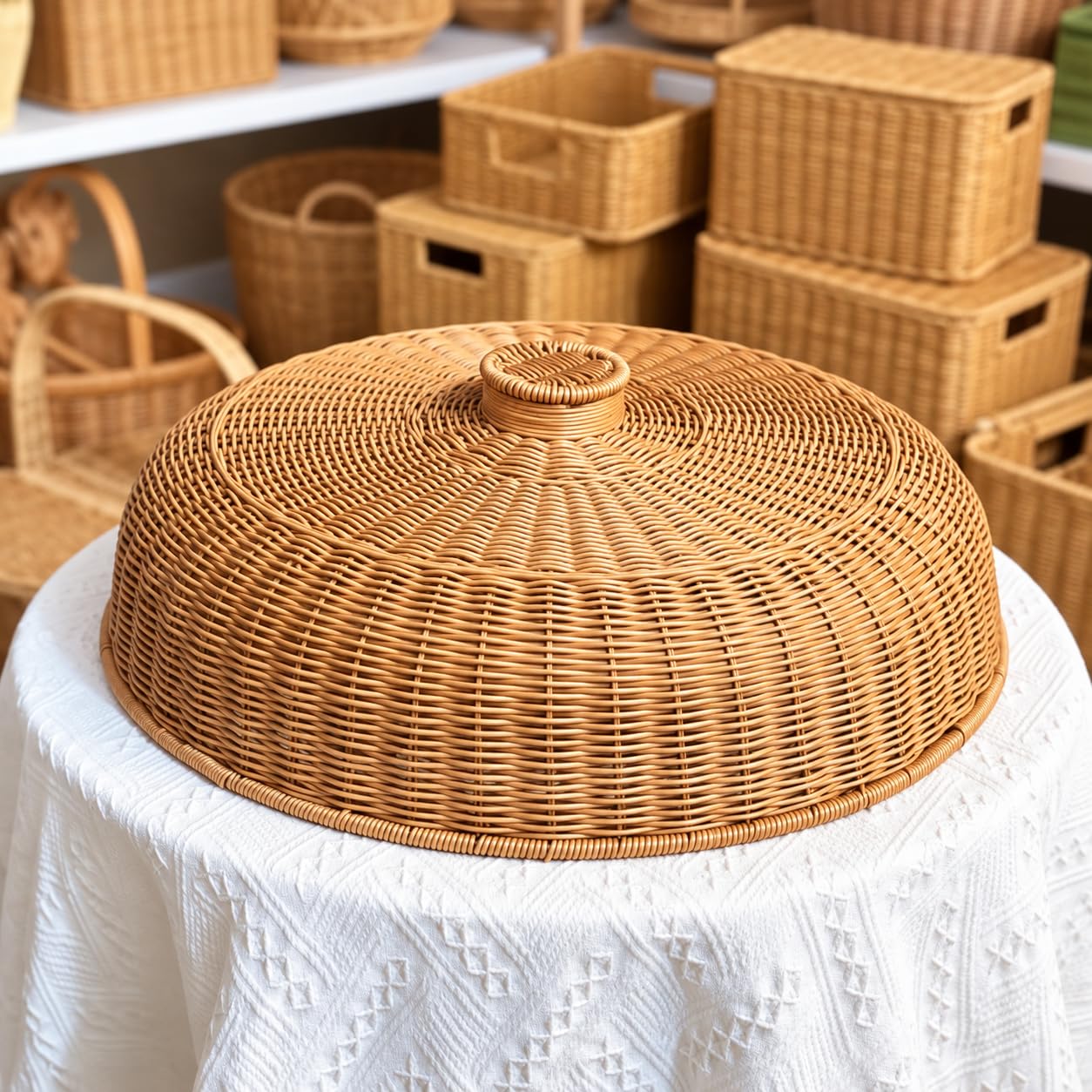 Okrągła osłona kopuły spożywczej 52 cm, imitacja rattanu do serwowania