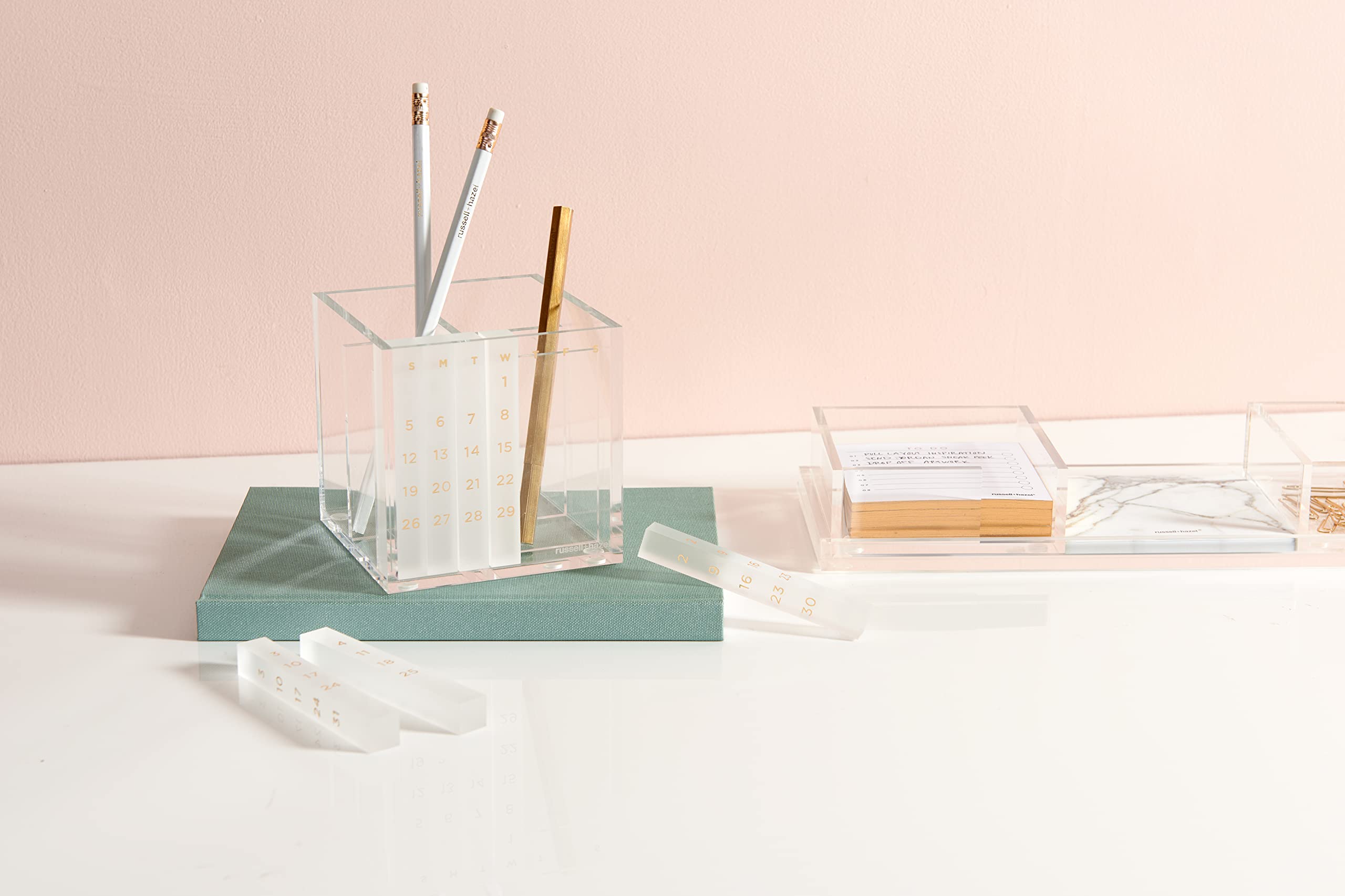 russell+hazel Acrylic Perpetual Calendar and Pencil Bloc Two Compartment  Pen Cup, Office Supplies, Clear, 4” x 4” : Amazon.sg: Office Products